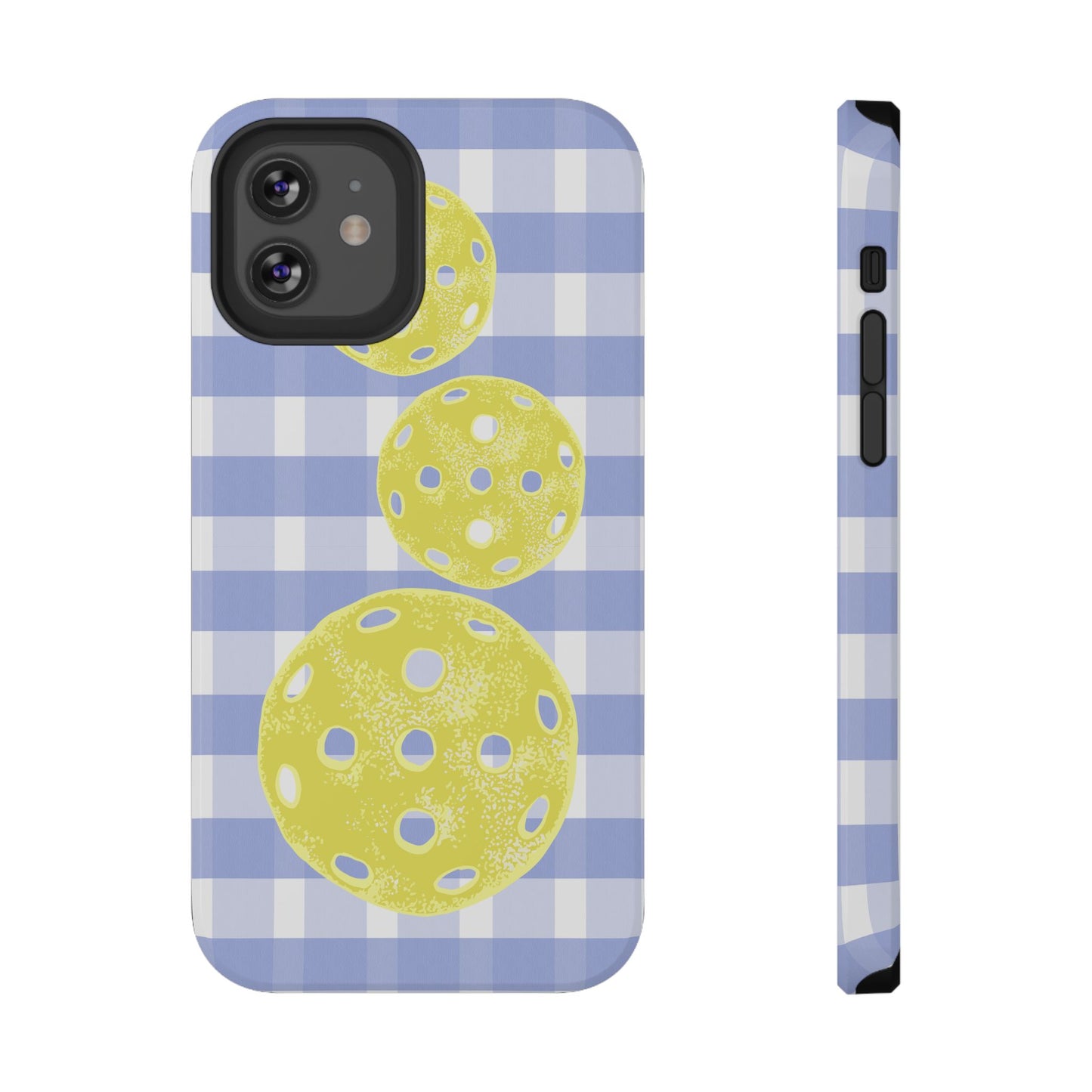 Pickleball Pattern Phone Case — Yellow Pickleball on Blue Gingham Impact Case