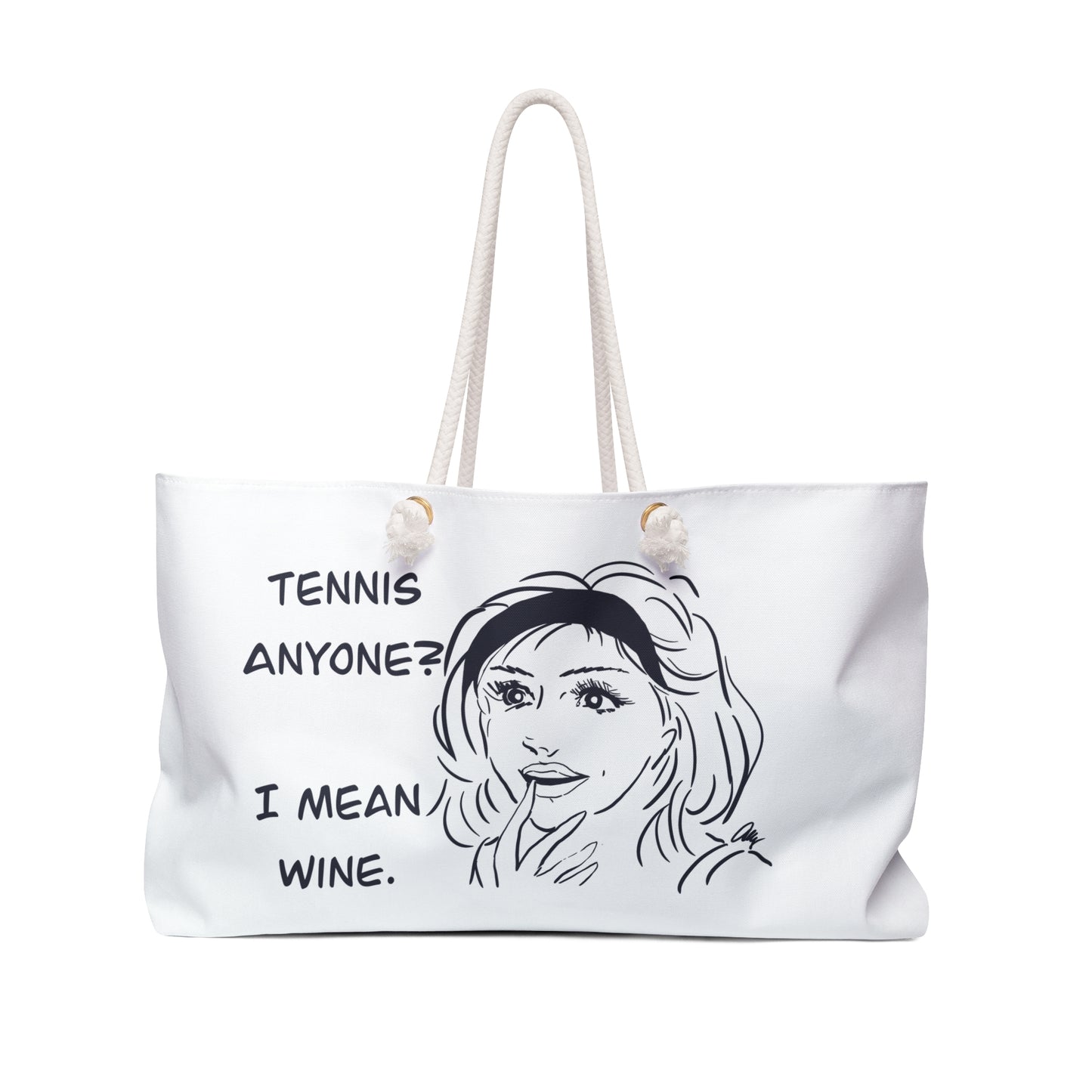 Weekender Bag - "Tennis Anyone? I Mean Wine." Funny Retro Comic Tote for Wine Lovers & Tennis Fans
