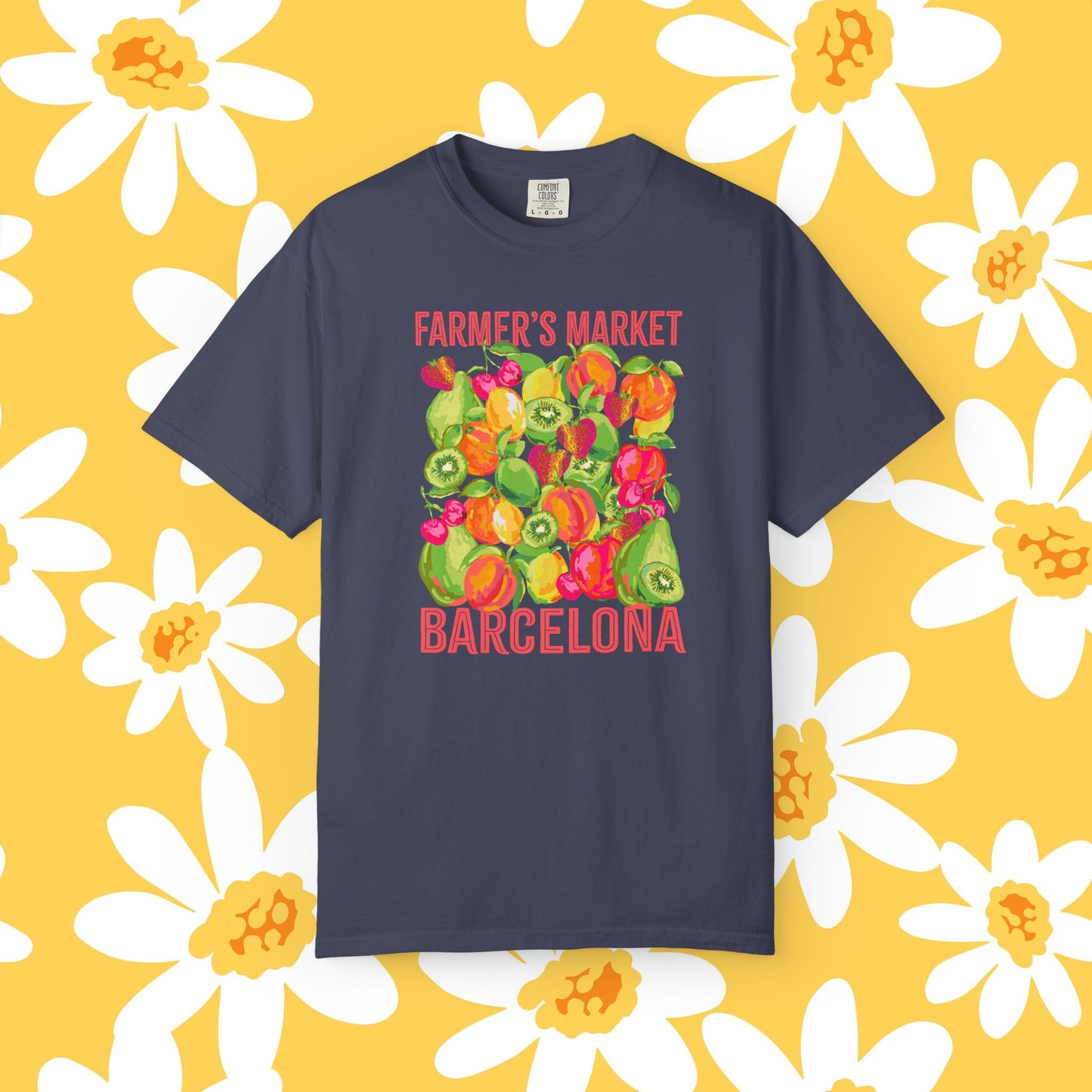 Barcelona Farmers Market T-Shirt | Unisex Garment-Dyed Tee, Cute Summer Style, Gift for Foodies, Market Lover's Apparel, Barcelona Graphic Tee