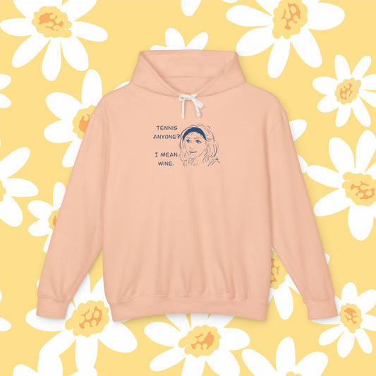 TENNIS ANYONE?  I MEAN WINE Unisex Tennis & Wine Hoodie - Playful Gift for Wine Lovers, Sports Enthusiasts, Casual Wear, Comfortable Attire, Funny Sweatshirt