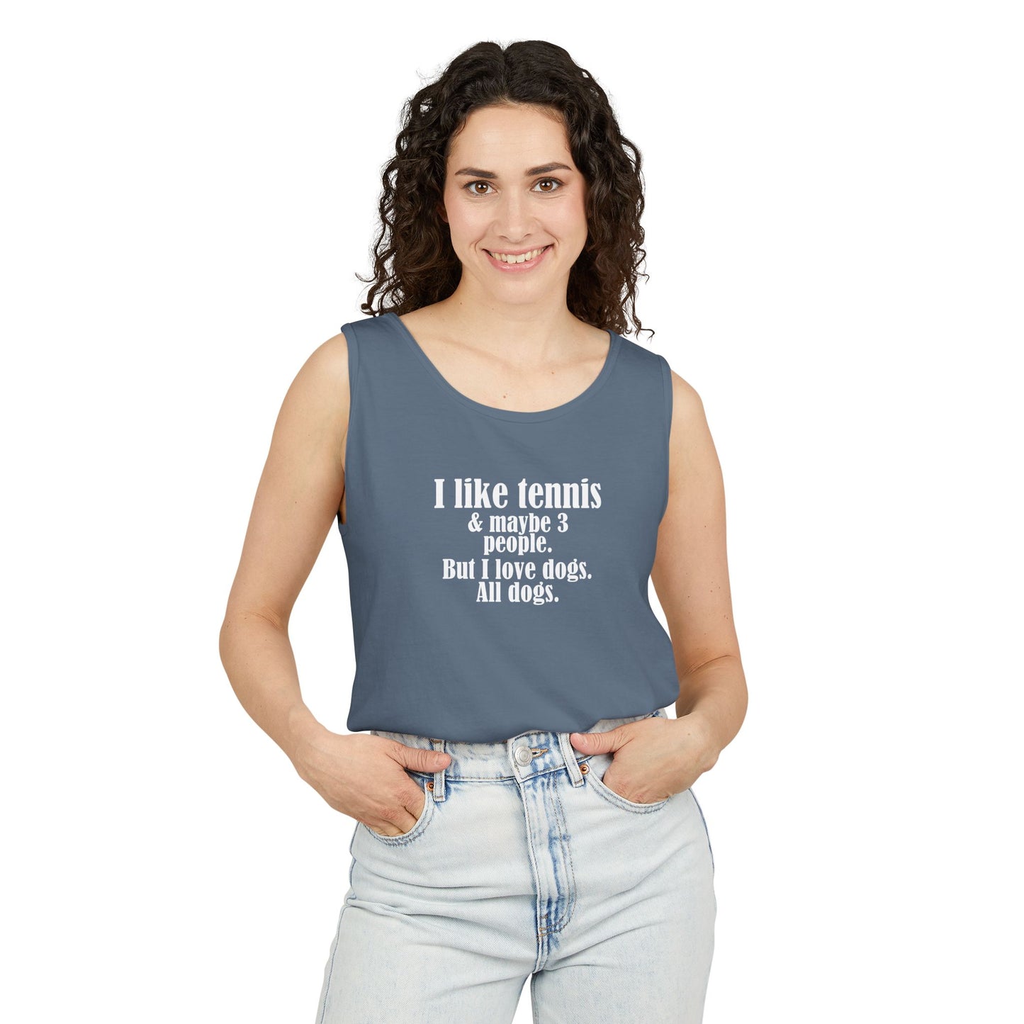 "I like tennis & maybe 3 people. But I love dogs. All Dogs" Dog-Loving Tennis Unisex Tank Top, Casual Summer Wear, Gift for Dog Owners, Funny Summer Tank, Pet Lover Apparel