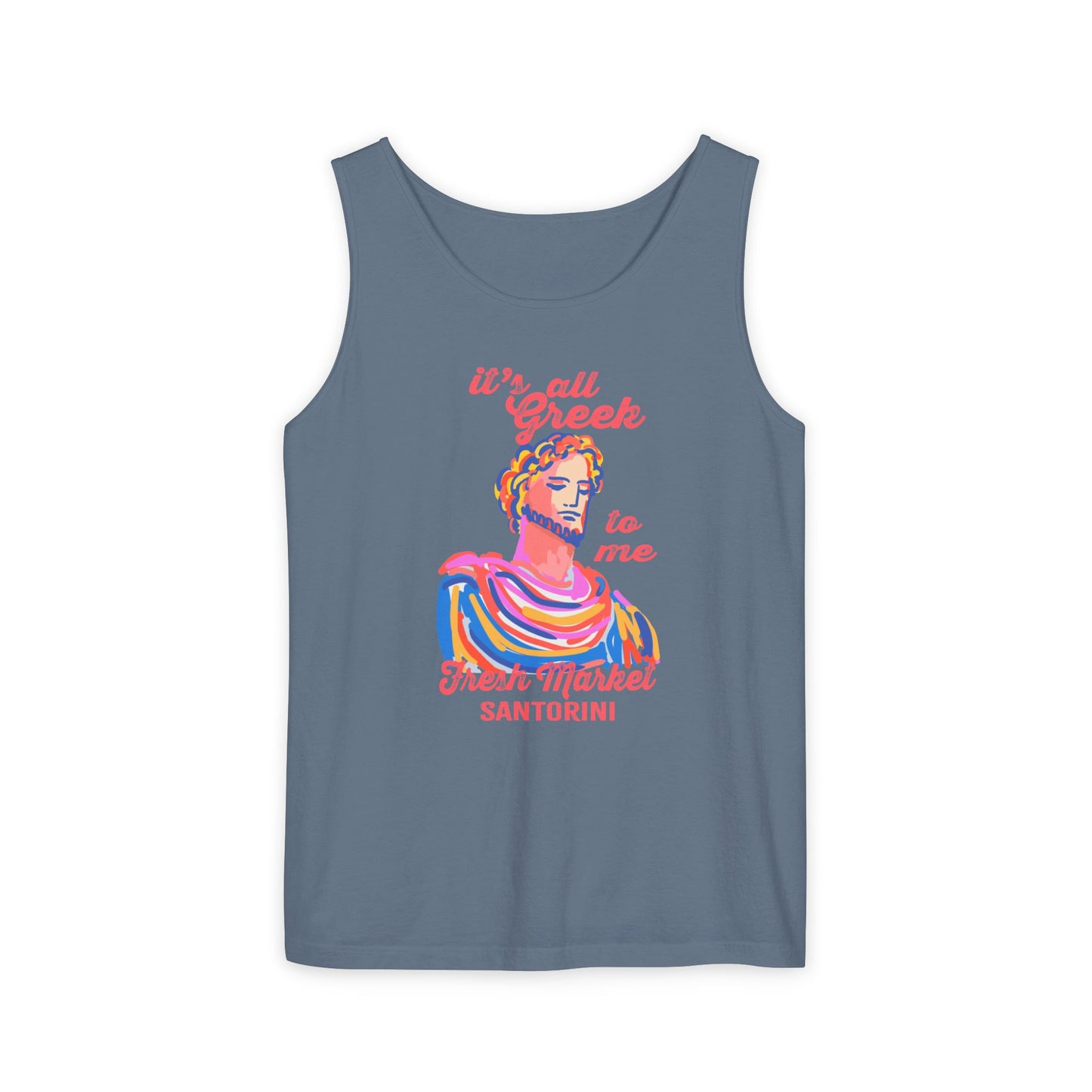 It's All Greek to Me!  Santorini-Inspired Fresh Market Unisex Tank Top, Casual Summer Wear, Beach Vibes, Travel Souvenir, Gift for Her, Vacation Apparel