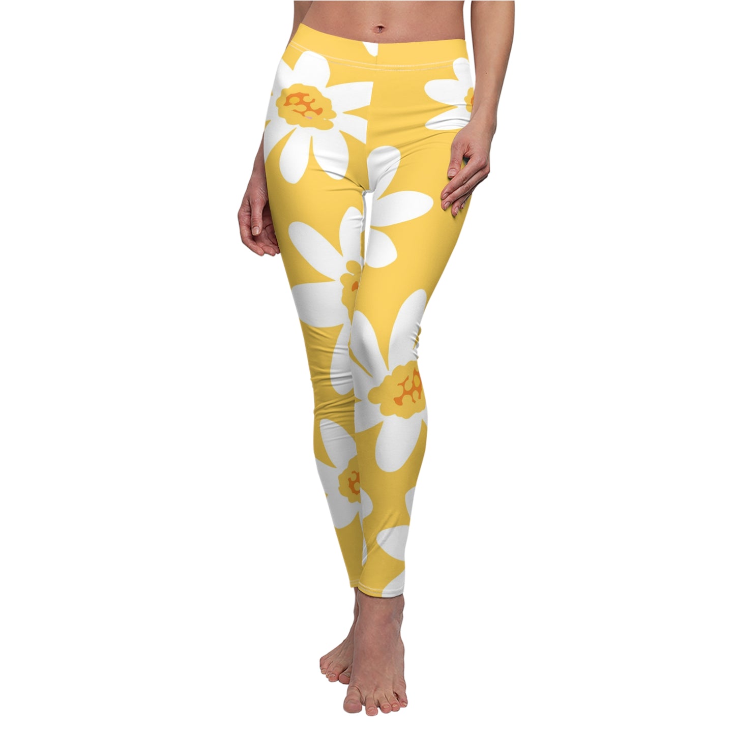 Daisy Print Leggings — Yellow Floral All-Over Print Women's Leggings