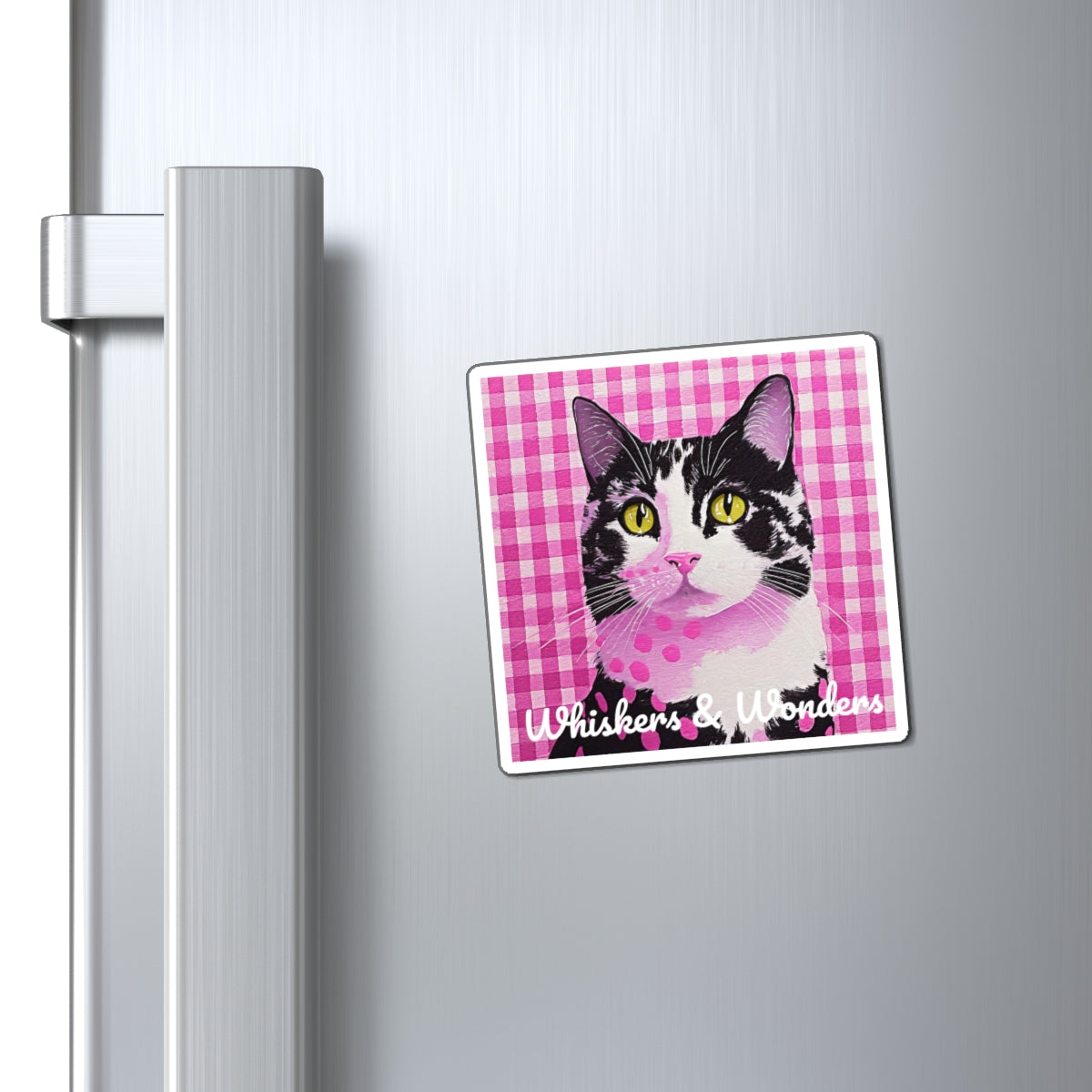 Charming Cat Magnet - Whimsical Pet Decor, Cute Kitchen Accessory, Gifts for Cat Lovers, Pink Gingham Style, Fun Home Decoration