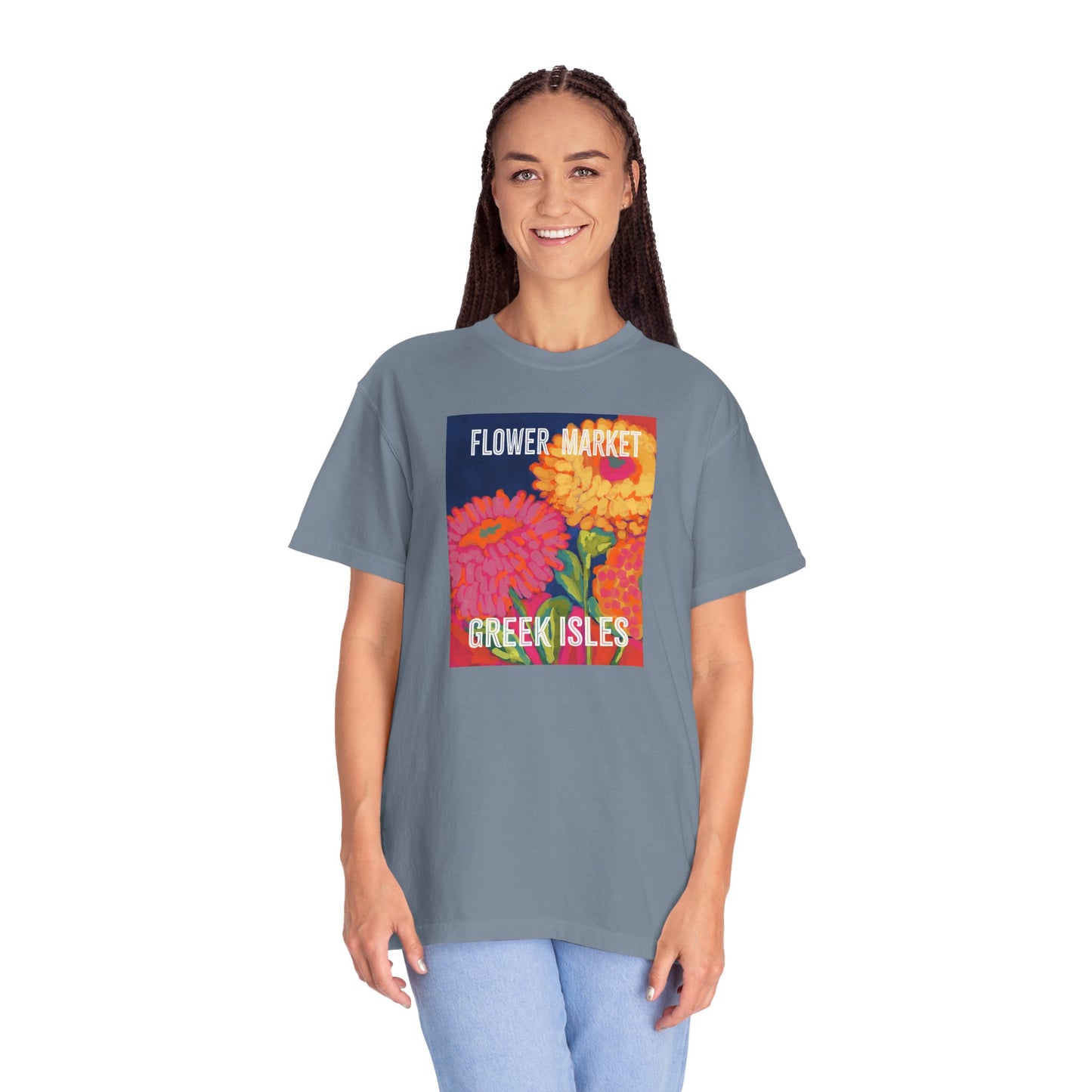 Vibrant Floral Market Tee, Flower Market T-Shirt, Greek Isles Apparel, Gift for Garden Lovers, Summer Wardrobe Essential