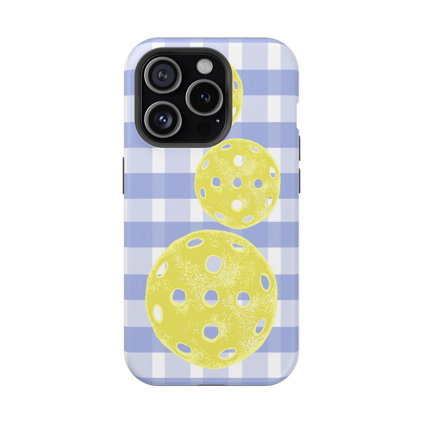 Pickleball Pattern Phone Case — Yellow Pickleball on Blue Gingham Impact Case