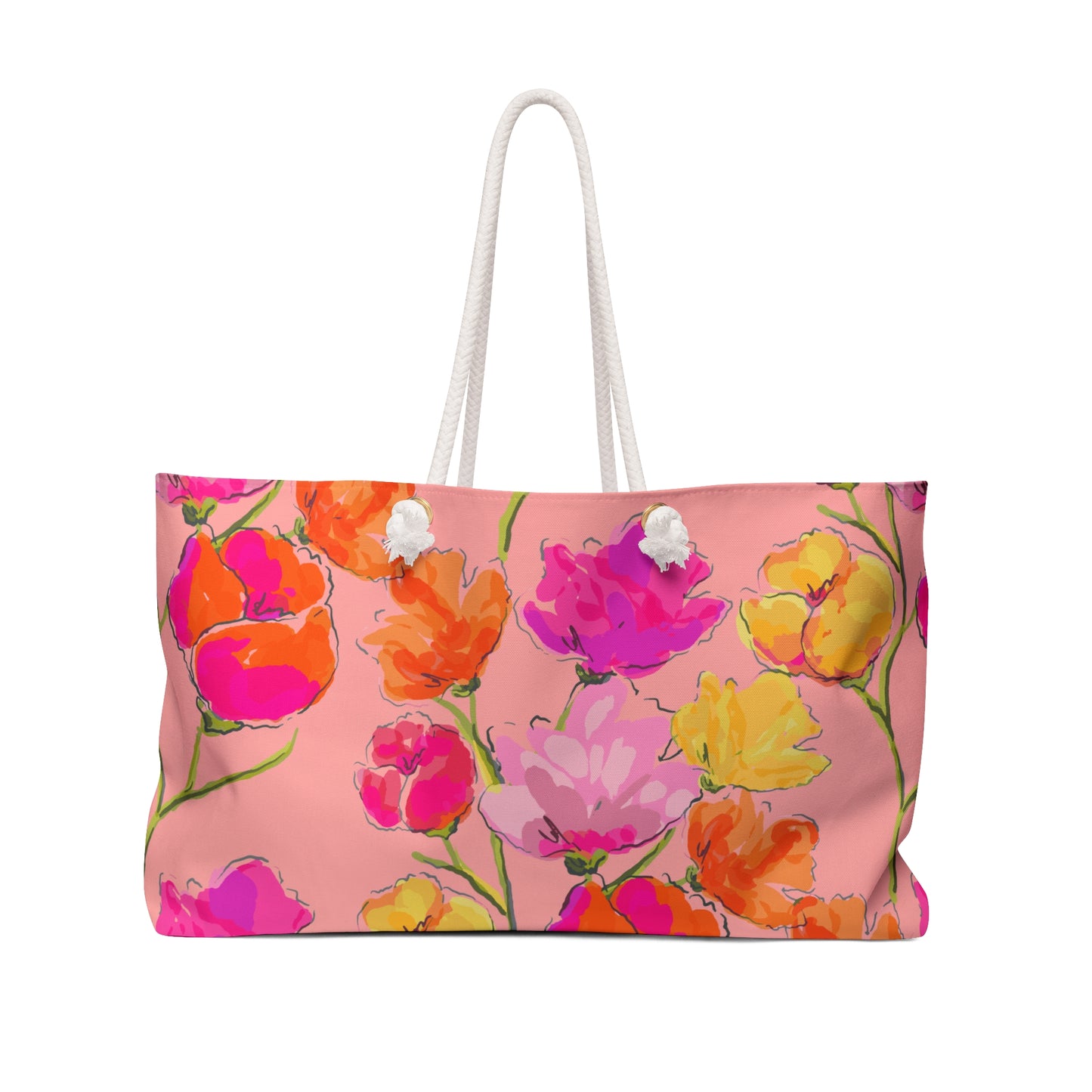 Floral Pink Weekender Bag — Bright Watercolor Flowers Travel Tote