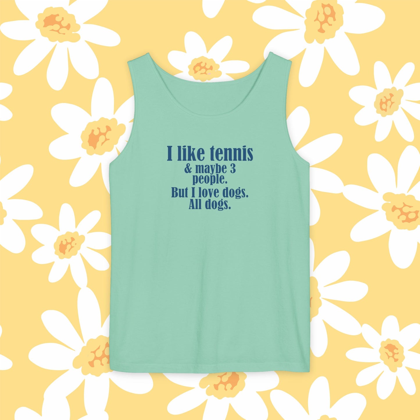 "I like tennis & maybe 3 people. But I love dogs. All Dogs" Dog-Loving Tennis Unisex Tank Top, Casual Summer Wear, Gift for Dog Owners, Funny Summer Tank, Pet Lover Apparel
