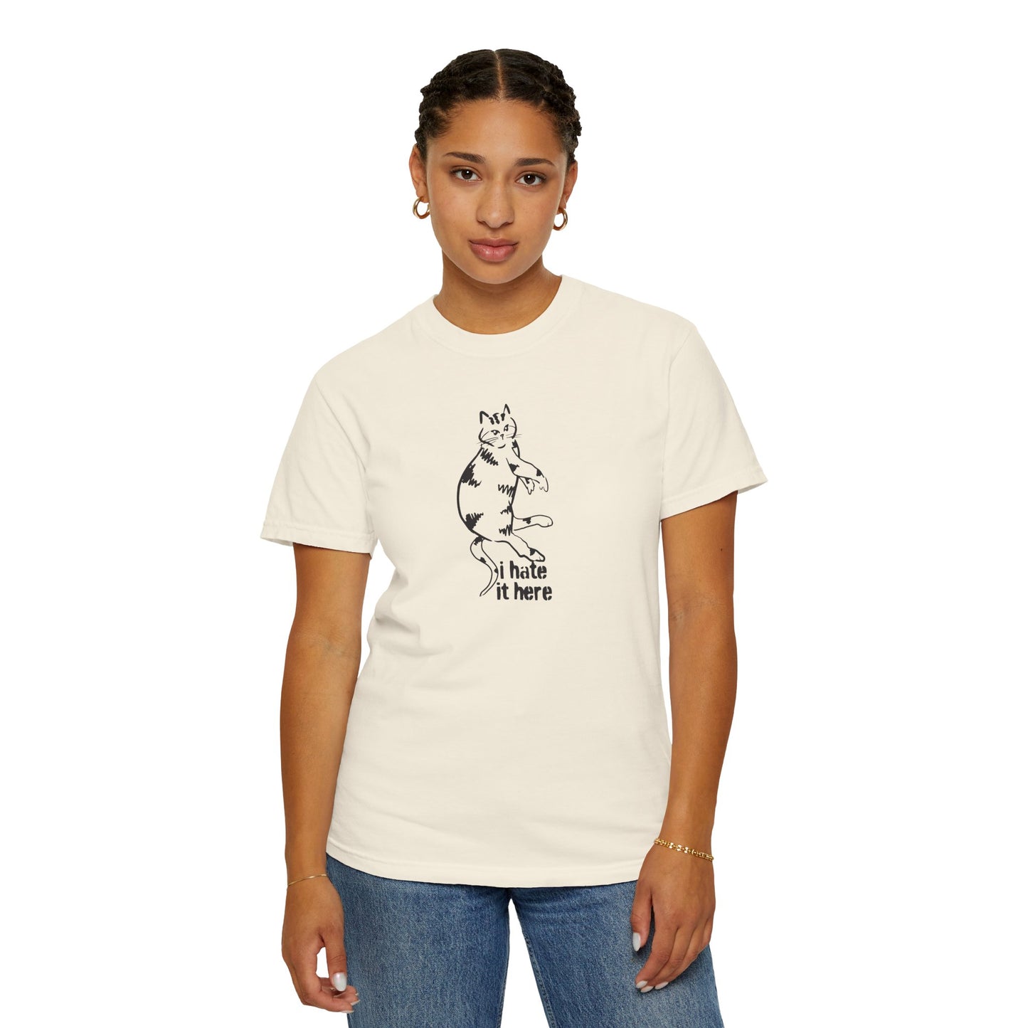 "I hate it here"...Funny Cat T-Shirt Showcasing Cat with Attitude, Unisex Tee, Garment-Dyed Shirt, Quirky Cat Lover Gift, Casual Wear, Perfect for Cat Owners