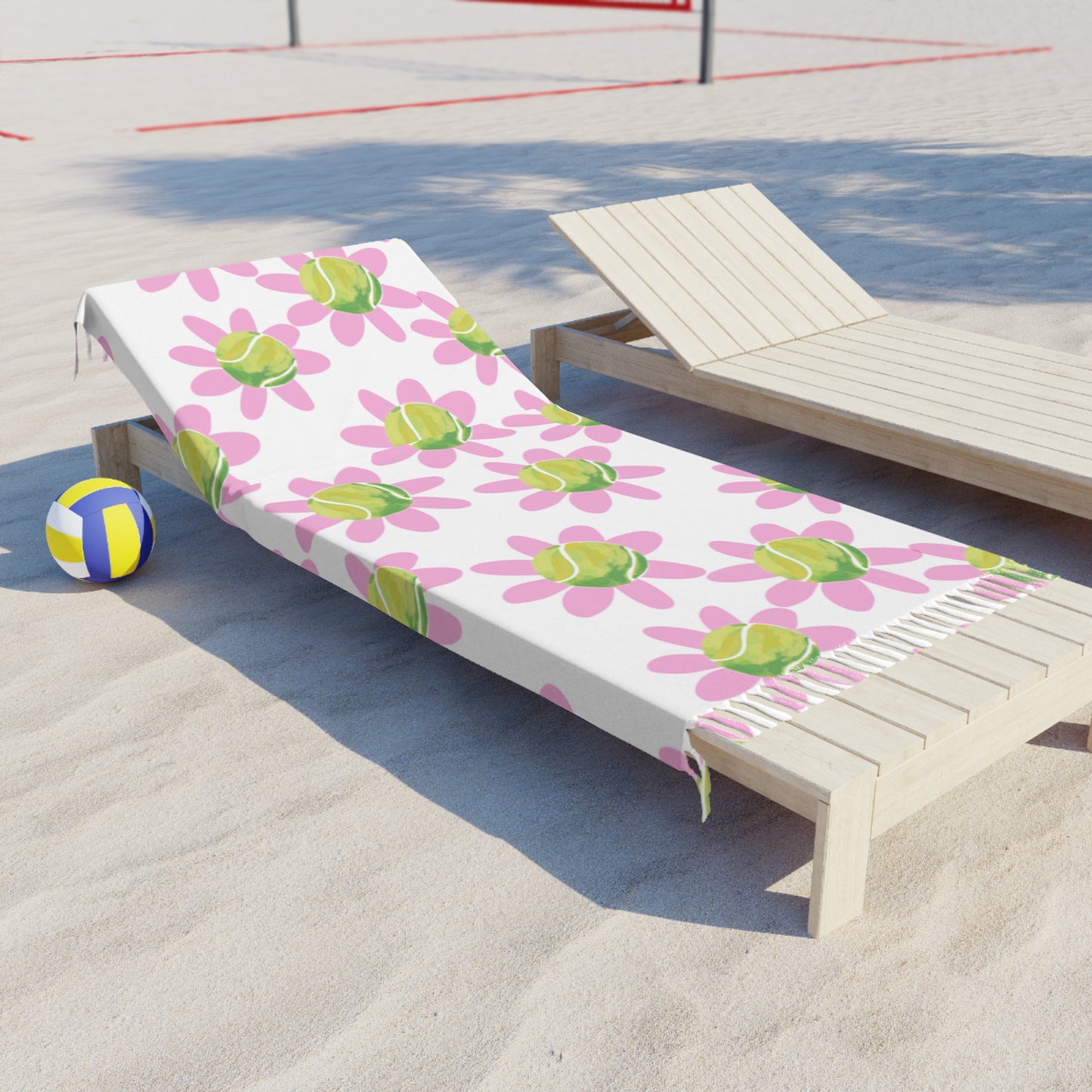 Boho Tennis Floral Beach Towel - Pink & Green Daisy Pattern, Lightweight Beach Cloth