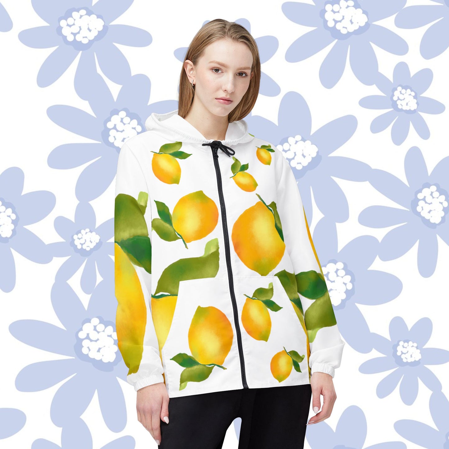 Citrus Lemon Print Windbreaker Jacket - Fresh Lemon Rain Coat, Spring Fashion, Outdoor Jacket, Gift for Her, Casual Jacket