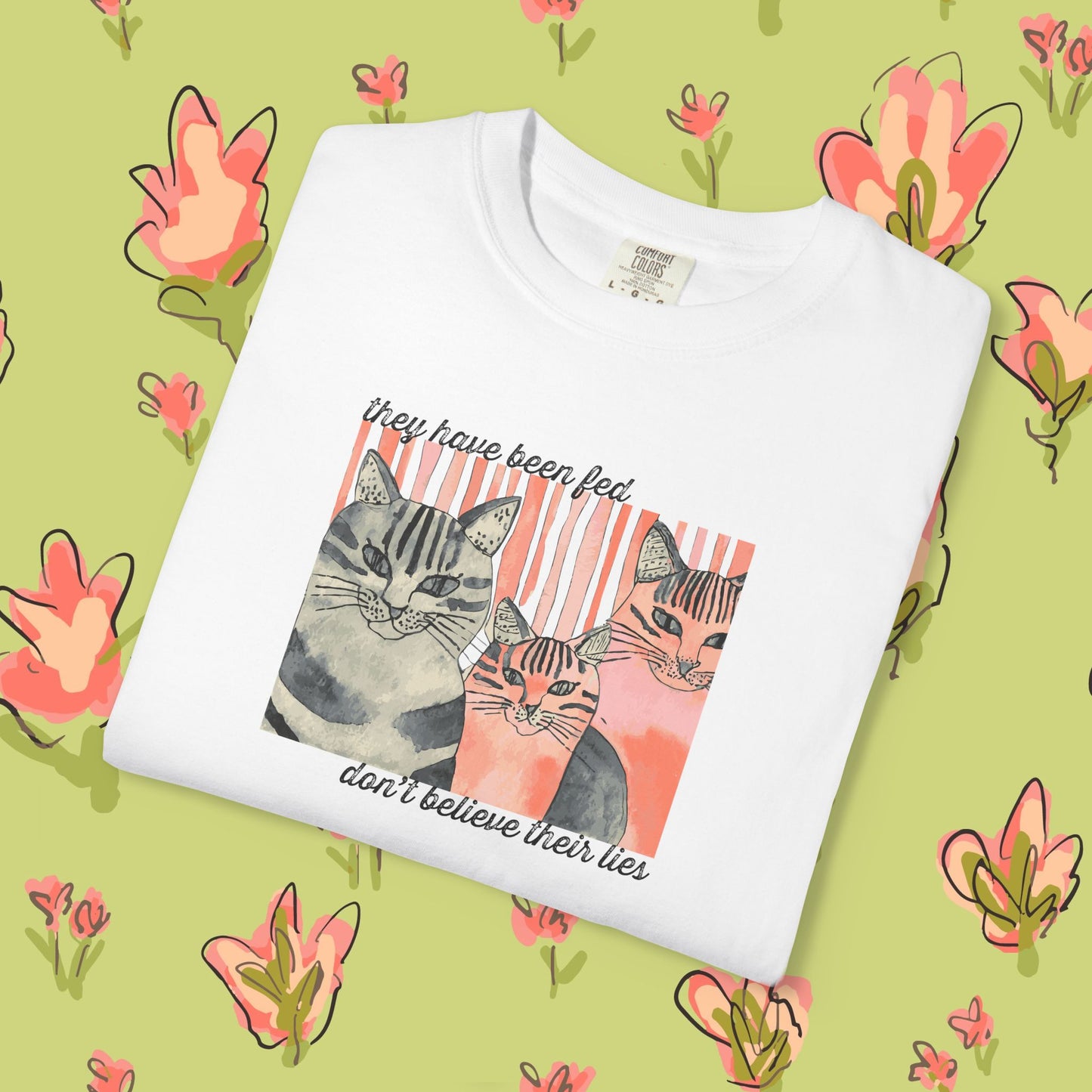 Cat Trio Graphic T-Shirt — "Don't believe their lies, they have been fed." Retro Kitten Tee