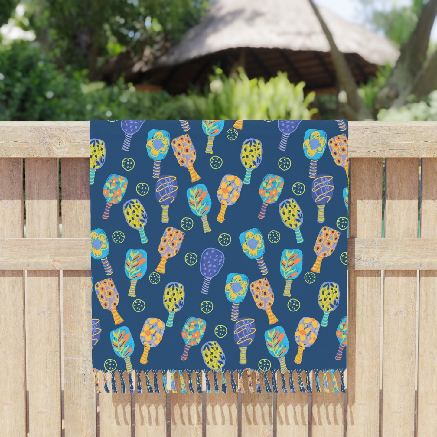 Boho Beach Towel – Hand-Drawn Pickleball Pattern, Tropical Summer Throw