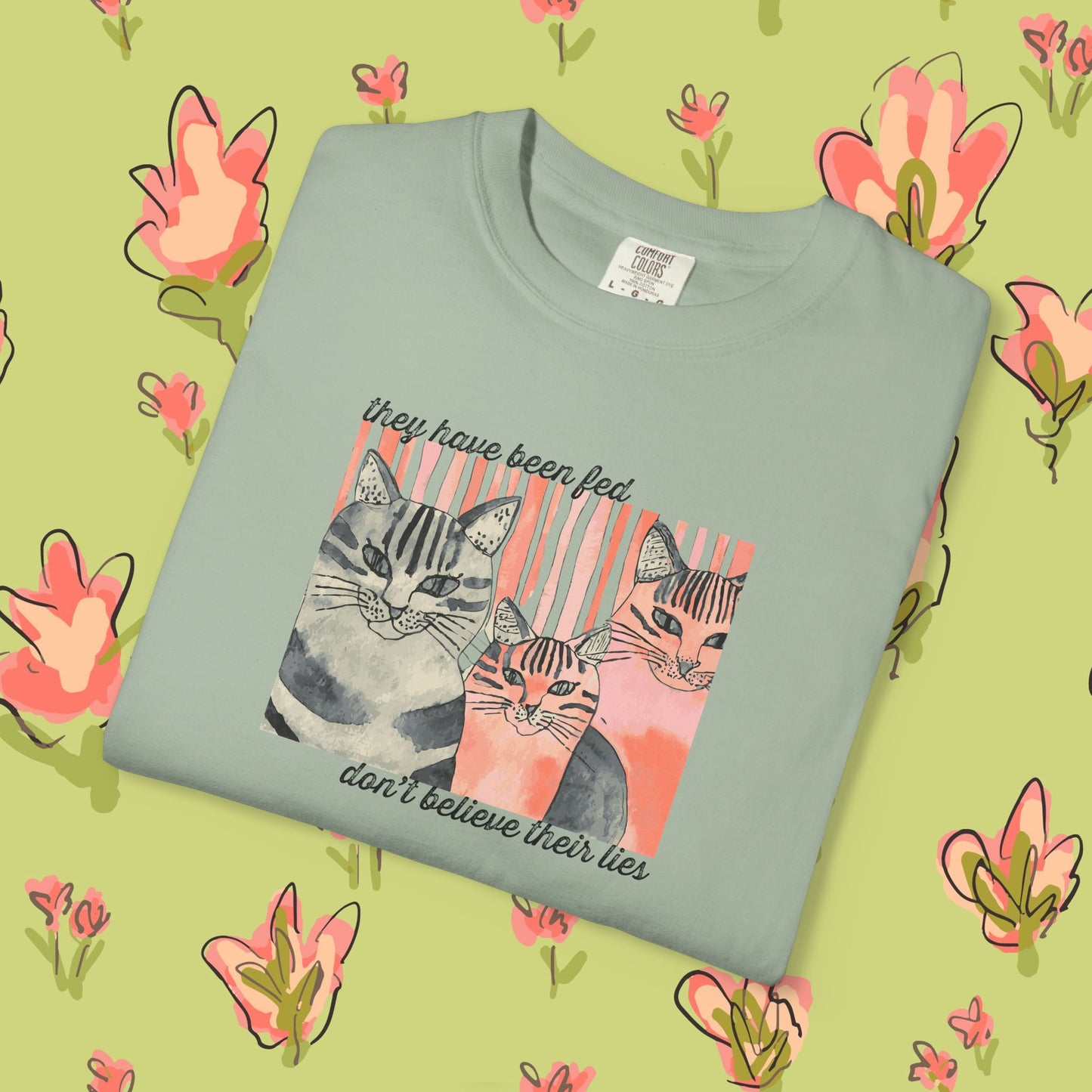 Cat Trio Graphic T-Shirt — "Don't believe their lies, they have been fed." Retro Kitten Tee