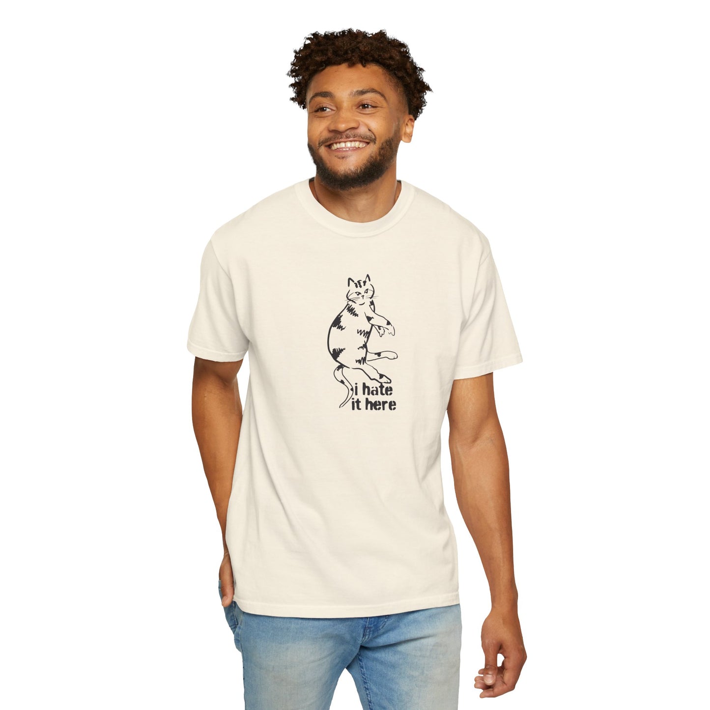 "I hate it here"...Funny Cat T-Shirt Showcasing Cat with Attitude, Unisex Tee, Garment-Dyed Shirt, Quirky Cat Lover Gift, Casual Wear, Perfect for Cat Owners