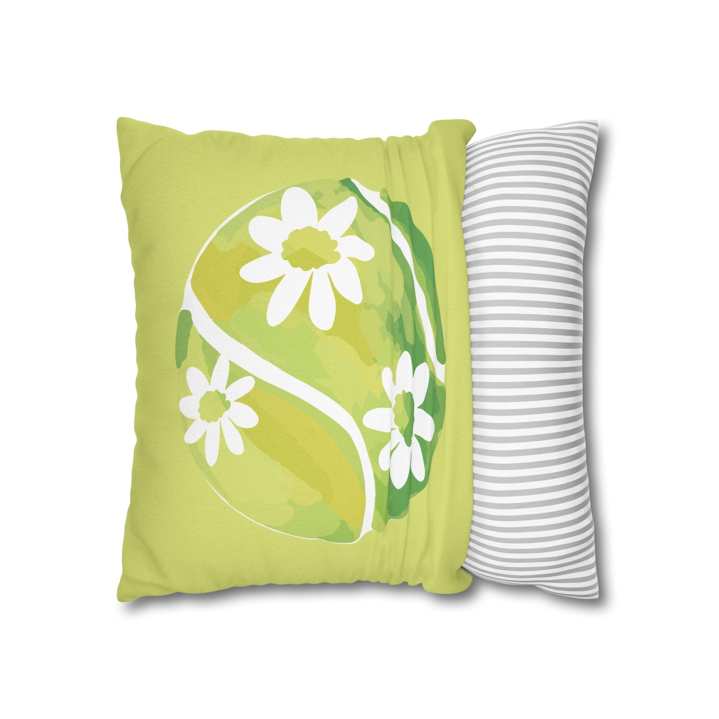Tennis Ball Daisy Spring Floral Square Pillowcase - Decorative Cushion, Home Decor, Couch Pillow, Gift for Her, Green Leaves Design