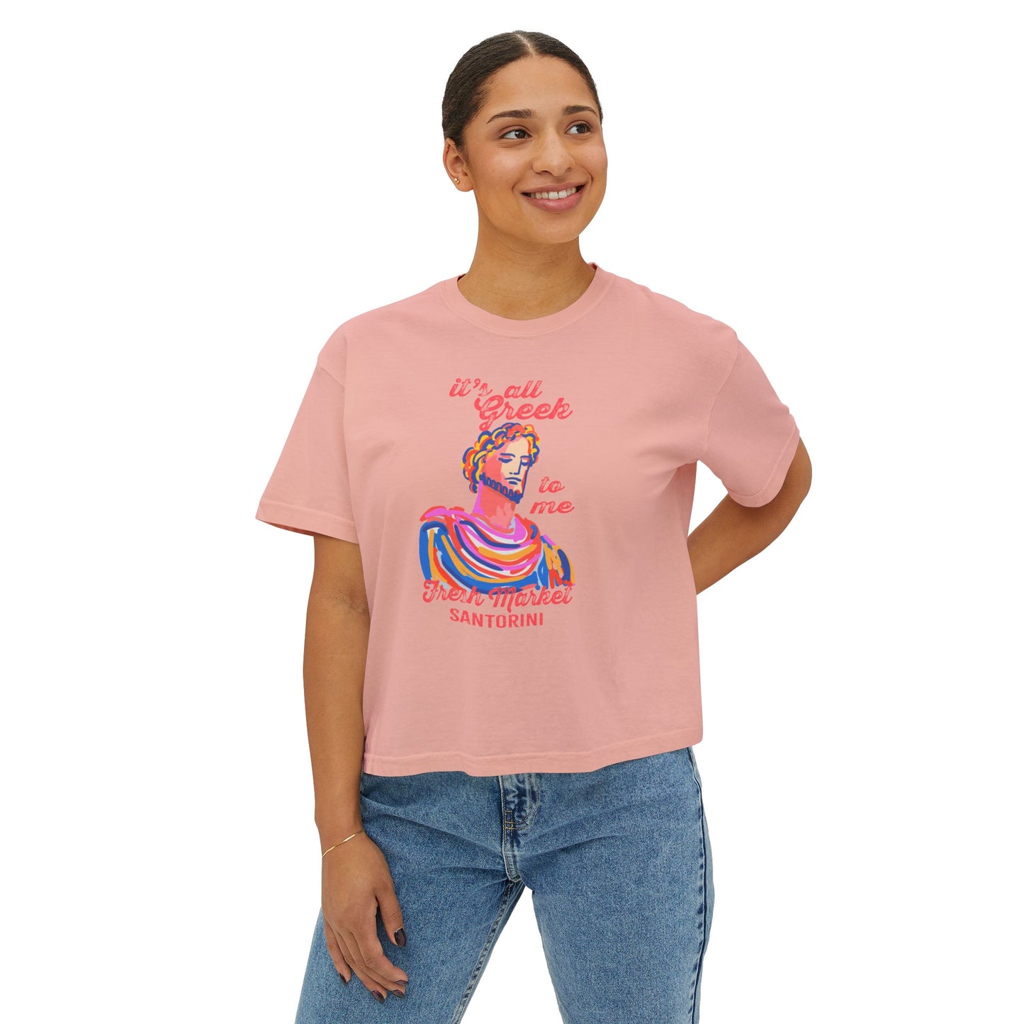 Women's Boxy Tee, Greek Market Santorini T-Shirt, Vacation Souvenir Tee, Cute Casual Top, Fun Graphic Tee, Gift for Travelers