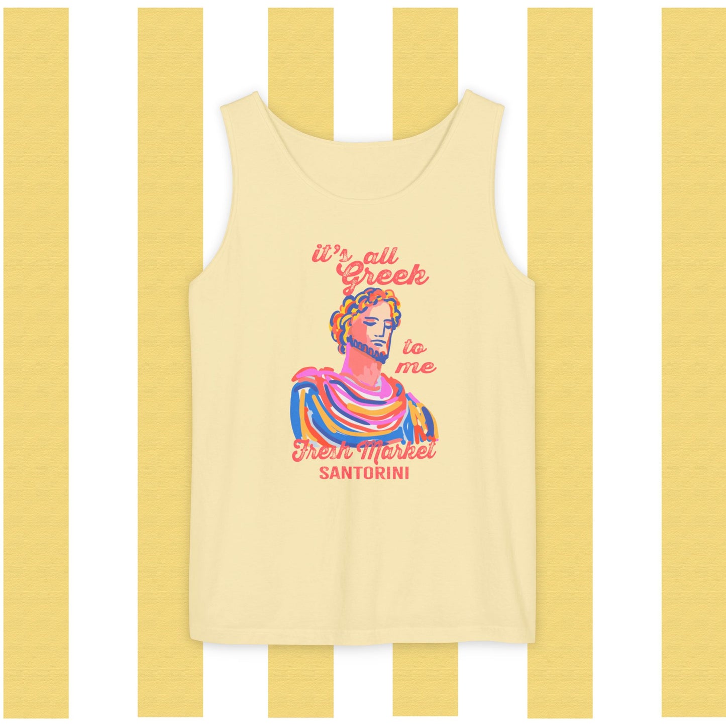 It's All Greek to Me!  Santorini-Inspired Fresh Market Unisex Tank Top, Casual Summer Wear, Beach Vibes, Travel Souvenir, Gift for Her, Vacation Apparel