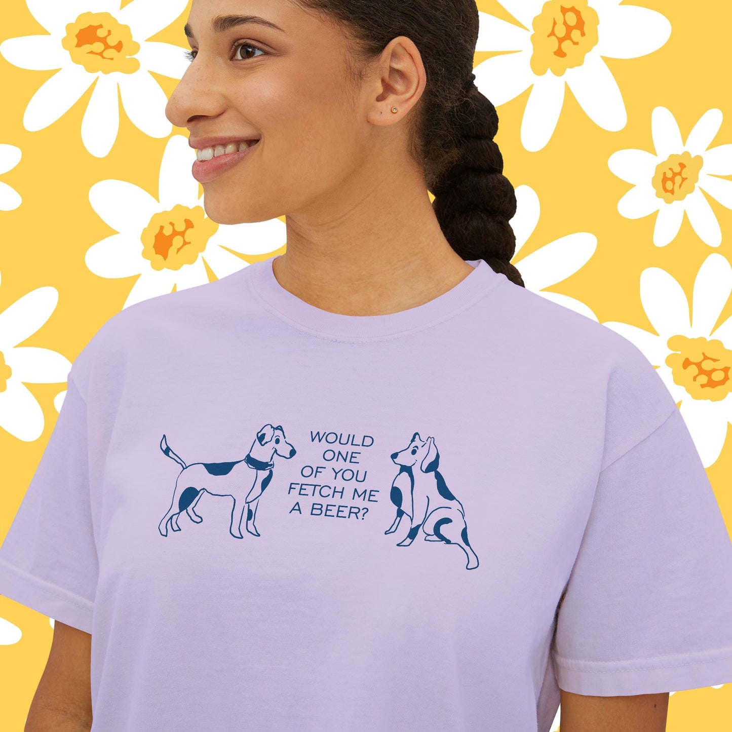 FETCH ME A BEER!  Playful Dog Lover's Boxy Tee, Cute Dog Graphic T-Shirt, Women's Casual Shirt, Gift for Pet Owners, Animal Lover's Apparel