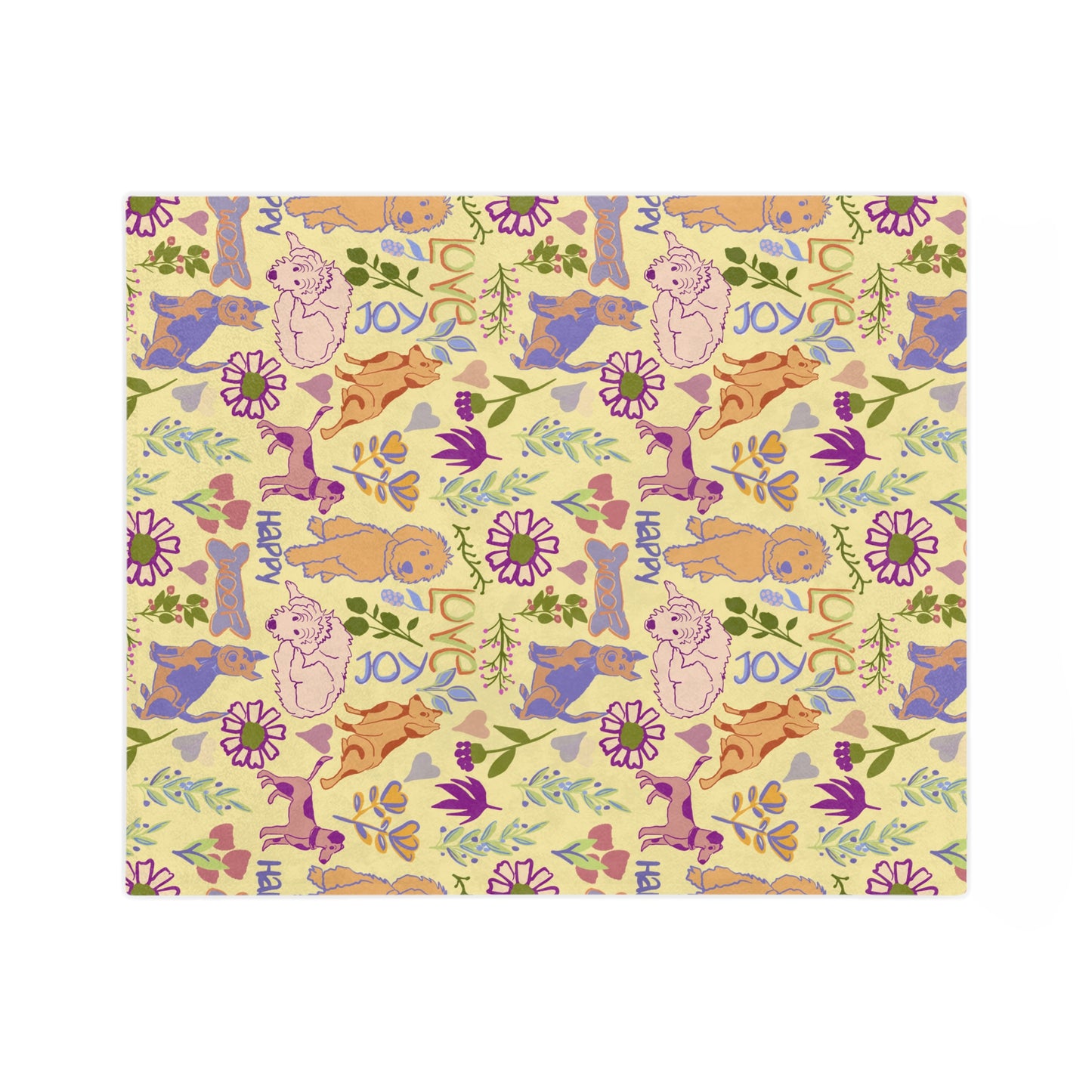 Dog Pattern Velveteen Microfiber Blanket — Cute Puppies, 'Love' & 'Happy' Floral Throw