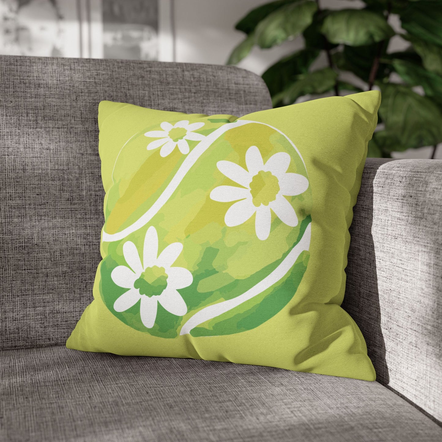 Tennis Ball Daisy Spring Floral Square Pillowcase - Decorative Cushion, Home Decor, Couch Pillow, Gift for Her, Green Leaves Design