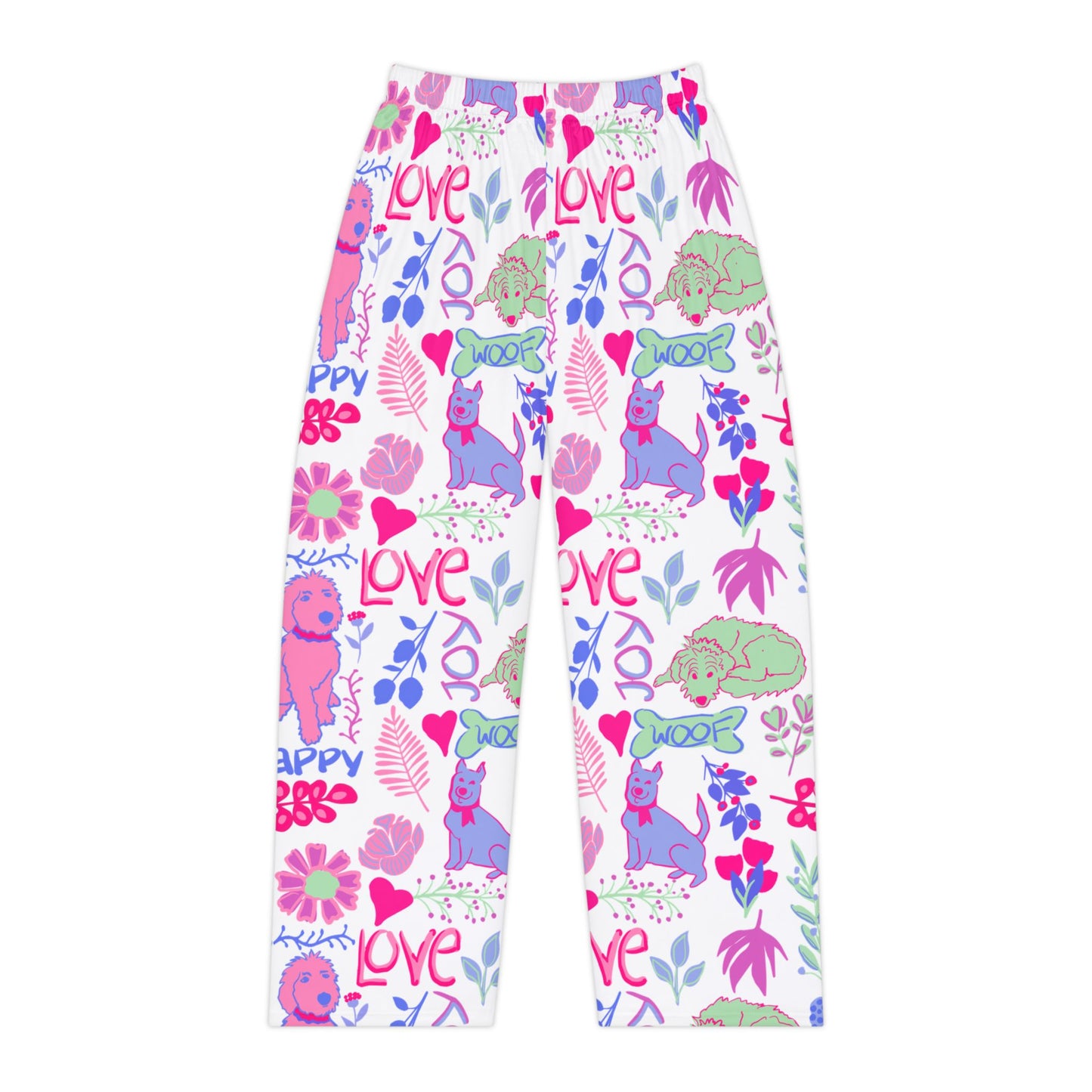 Pajama Pants — Cute Floral & Dog Love All-Over Print Women's Sleep Pants