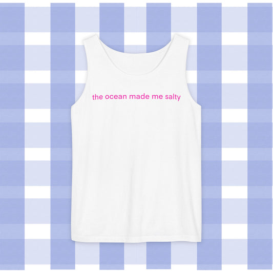 Tank Top — "the ocean made me salty" Pink Text Beach Tank