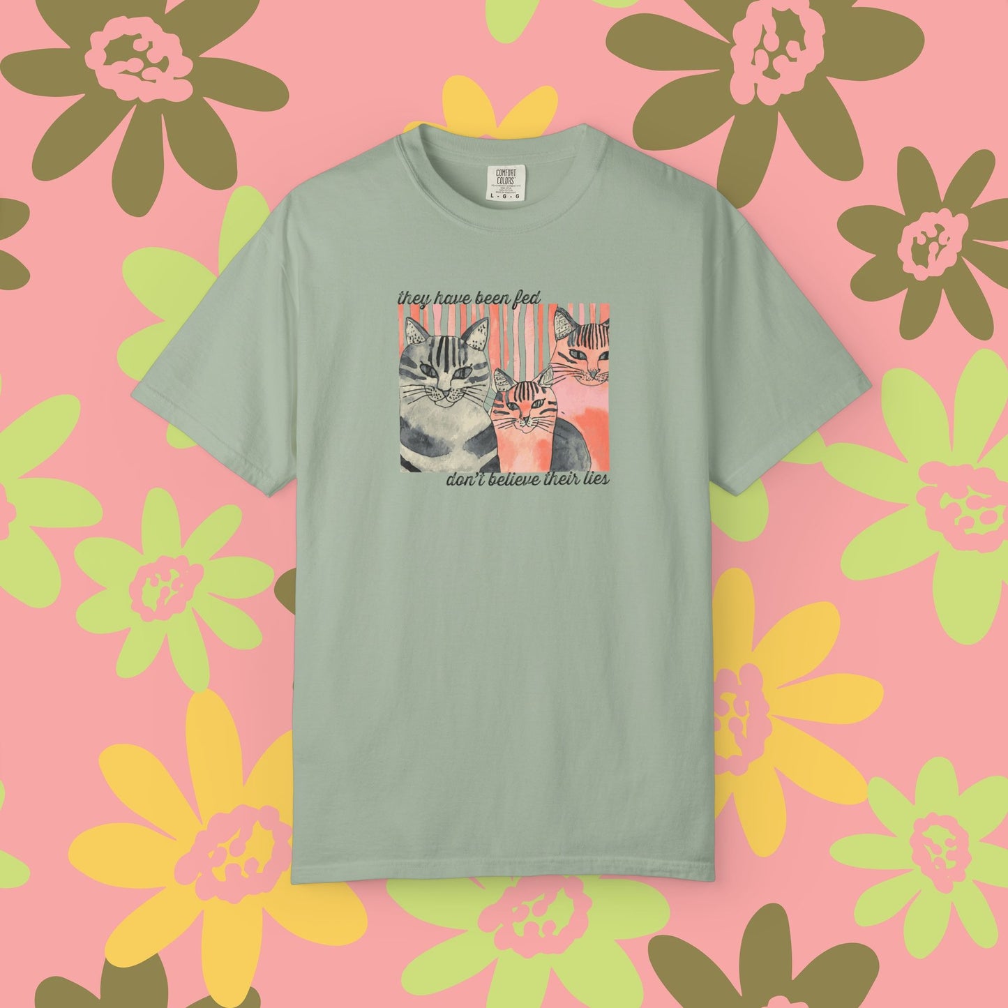 Cat Trio Graphic T-Shirt — "Don't believe their lies, they have been fed." Retro Kitten Tee