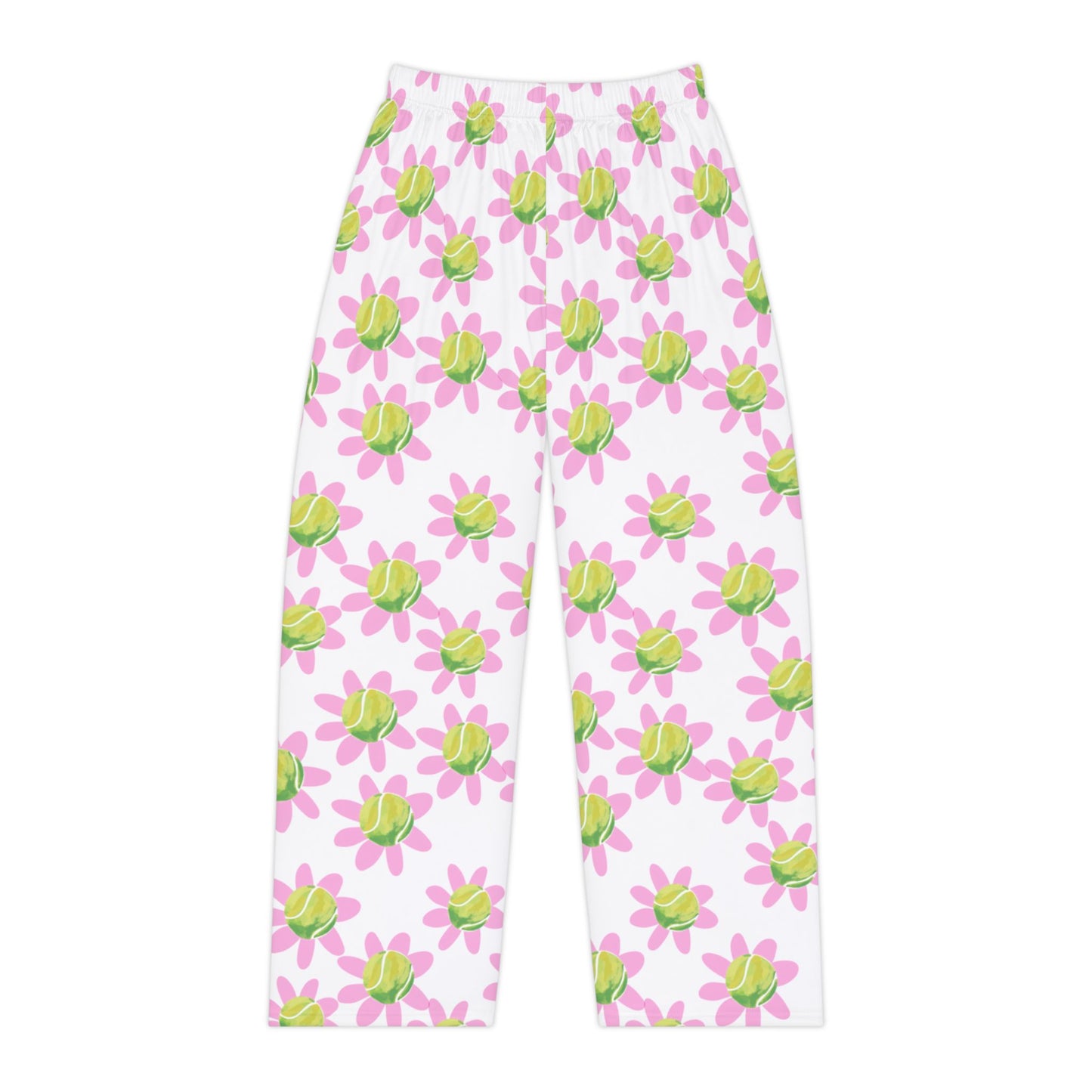 Floral Daisy Tennis Ball  Women's Lounge Pajama Pants — Pink & Green All-Over Print