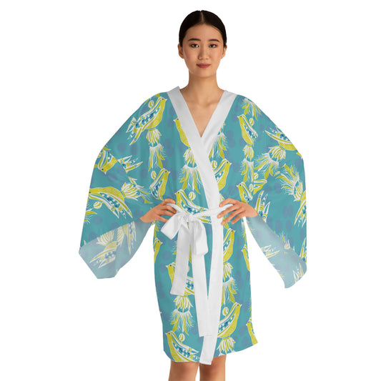 Charming Tassel Bird Print Long Sleeve Kimono Robe in aquas, blues and yellow, Cozy Cover-Up, Summer Lounge Wear, Mother’s Day Gift, Bohemian Style Dressing Gown