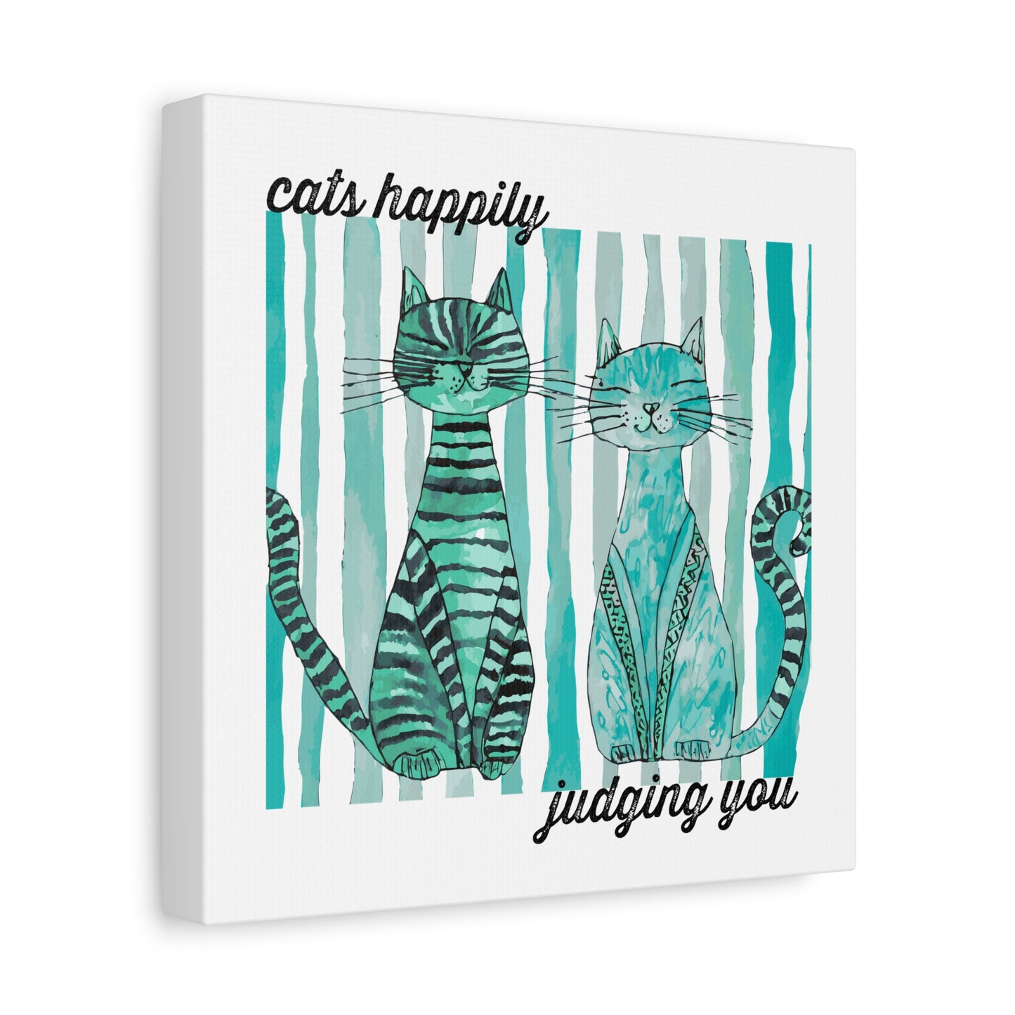 Cats Happily Judging You Canvas Art — Whimsical Teal Cat Wall Decor