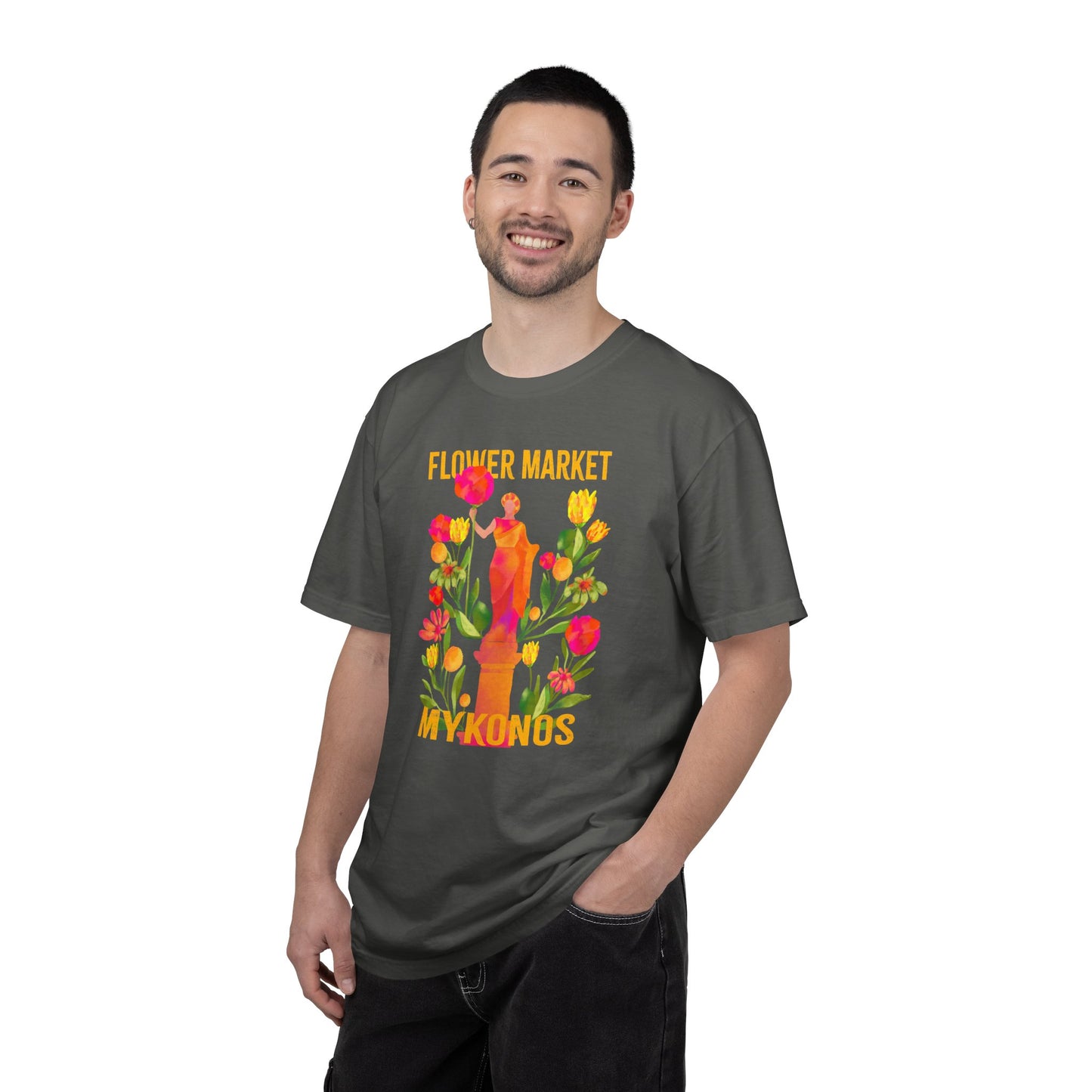 Greek Isle Mykonos Floral Market T-Shirt | Summer Vibes, Eco-Friendly Apparel, Casual Wear, Gift for Her, Bohemian Style