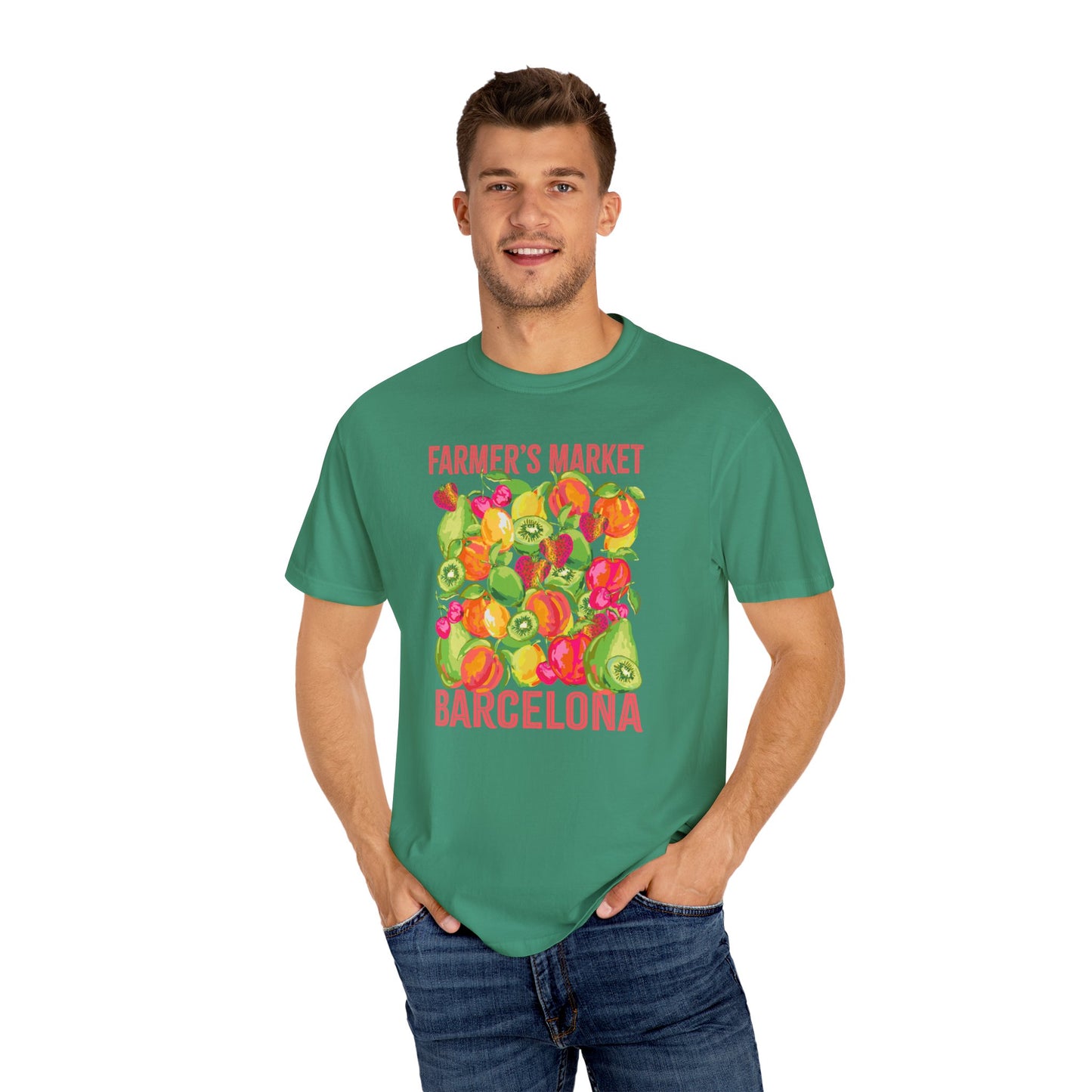 Barcelona Farmers Market T-Shirt | Unisex Garment-Dyed Tee, Cute Summer Style, Gift for Foodies, Market Lover's Apparel, Barcelona Graphic Tee