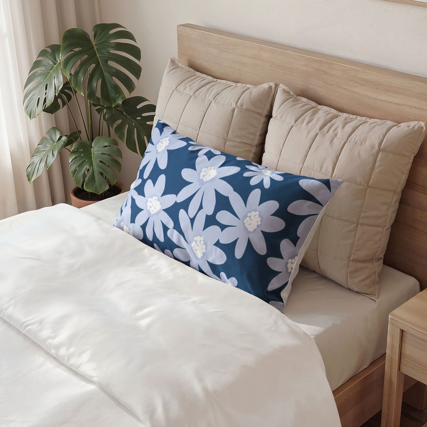 Floral Navy Cotton Pillow Sham — Blue White Daisy Decorative Pillowcase