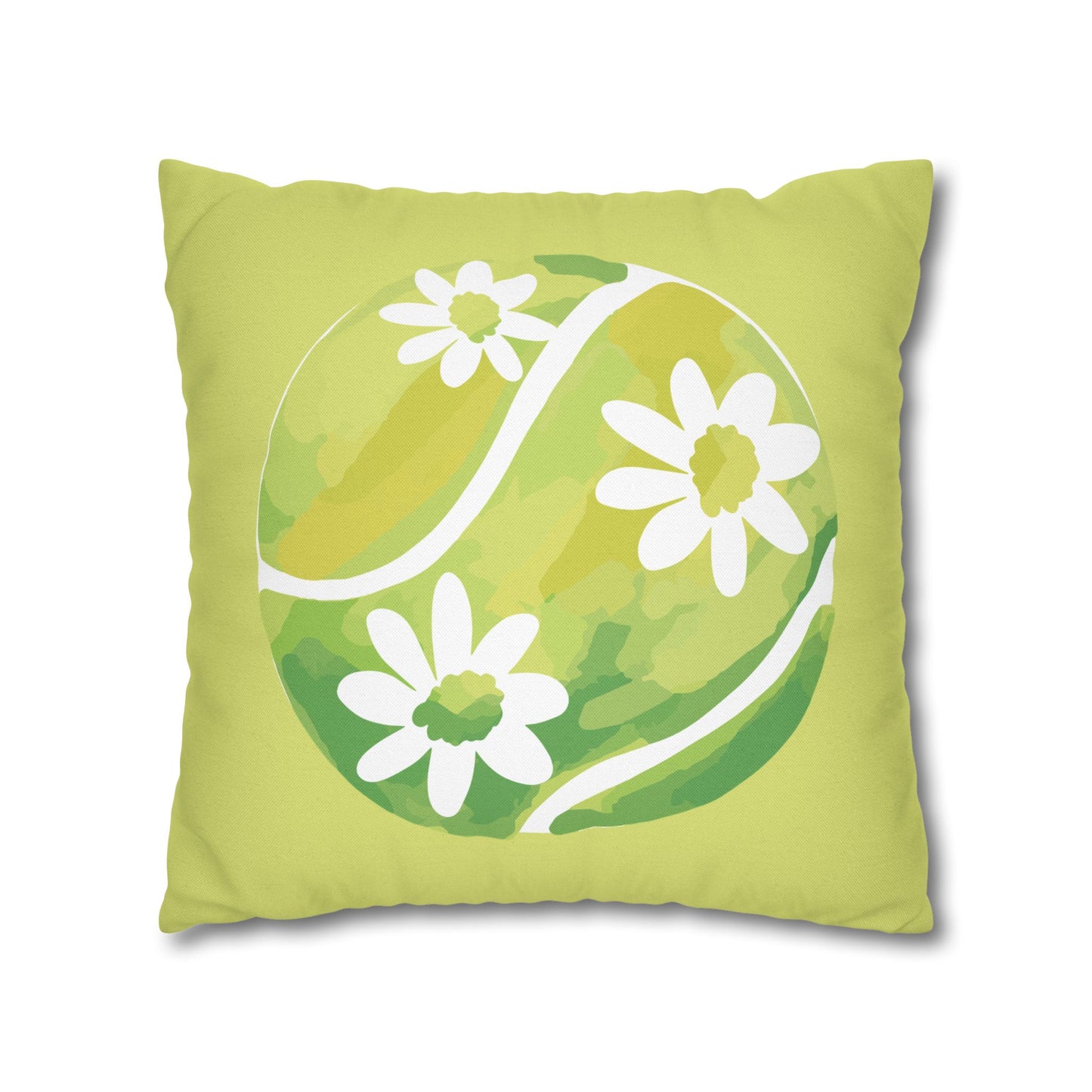 Tennis Ball Daisy Spring Floral Square Pillowcase - Decorative Cushion, Home Decor, Couch Pillow, Gift for Her, Green Leaves Design