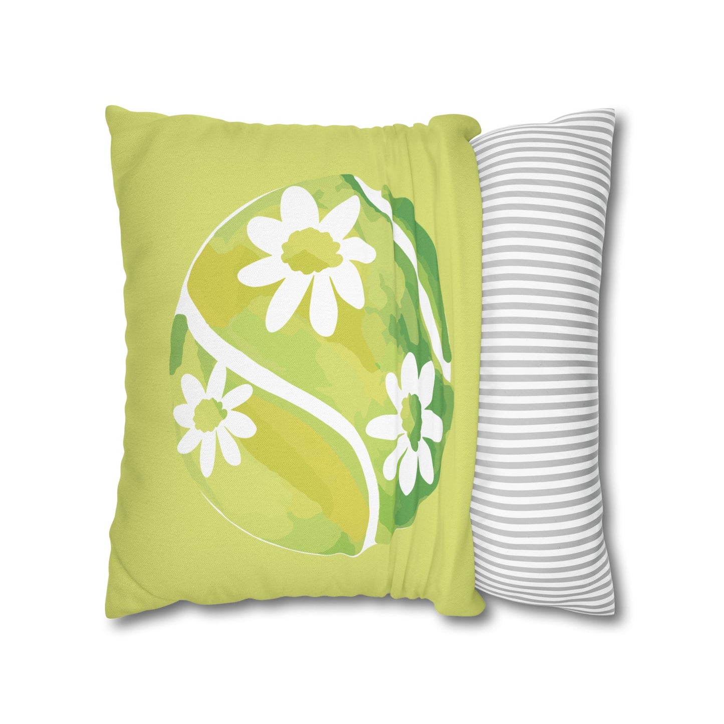 Tennis Ball Daisy Spring Floral Square Pillowcase - Decorative Cushion, Home Decor, Couch Pillow, Gift for Her, Green Leaves Design