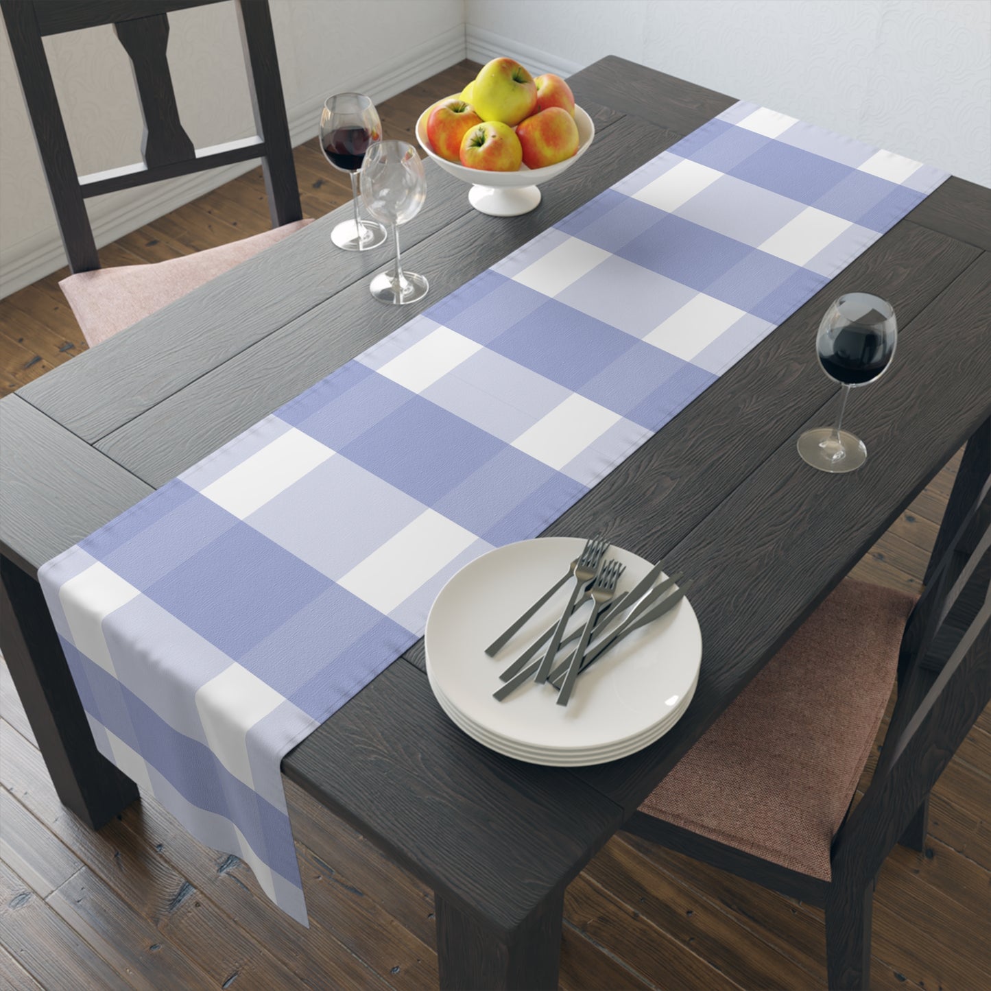 Charming Periwinkle Blue Gingham Table Runner, Casual Yet Elegant, Old School Vibe with Modern Large Scale Design