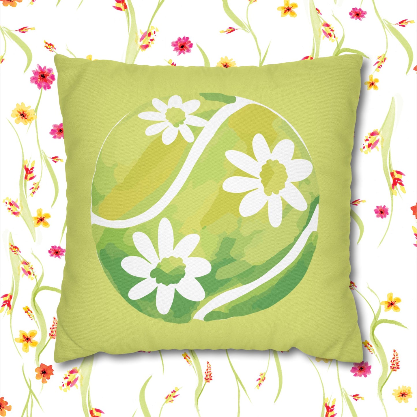 Tennis Ball Daisy Spring Floral Square Pillowcase - Decorative Cushion, Home Decor, Couch Pillow, Gift for Her, Green Leaves Design
