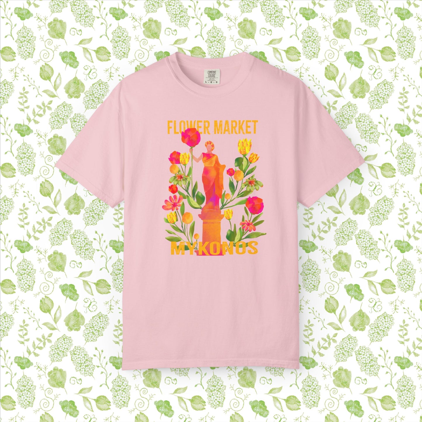 Greek Isle Mykonos Floral Market T-Shirt | Summer Vibes, Eco-Friendly Apparel, Casual Wear, Gift for Her, Bohemian Style