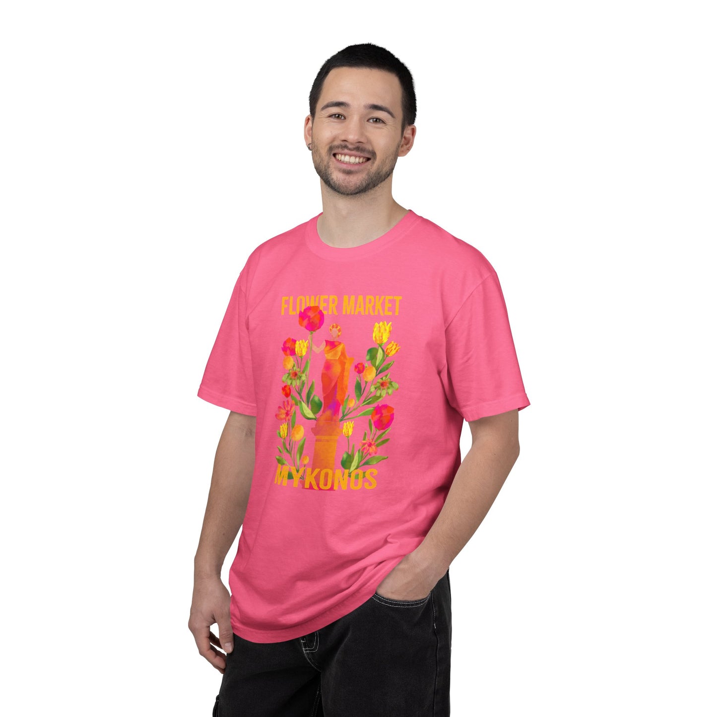 Greek Isle Mykonos Floral Market T-Shirt | Summer Vibes, Eco-Friendly Apparel, Casual Wear, Gift for Her, Bohemian Style