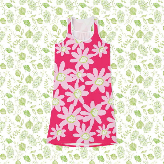 Pink Daisy Floral Summer Racerback Dress, Women’s Beach Dress, Vacation Outfit, Casual Dress, Mother's Day Gift, Summer Dress