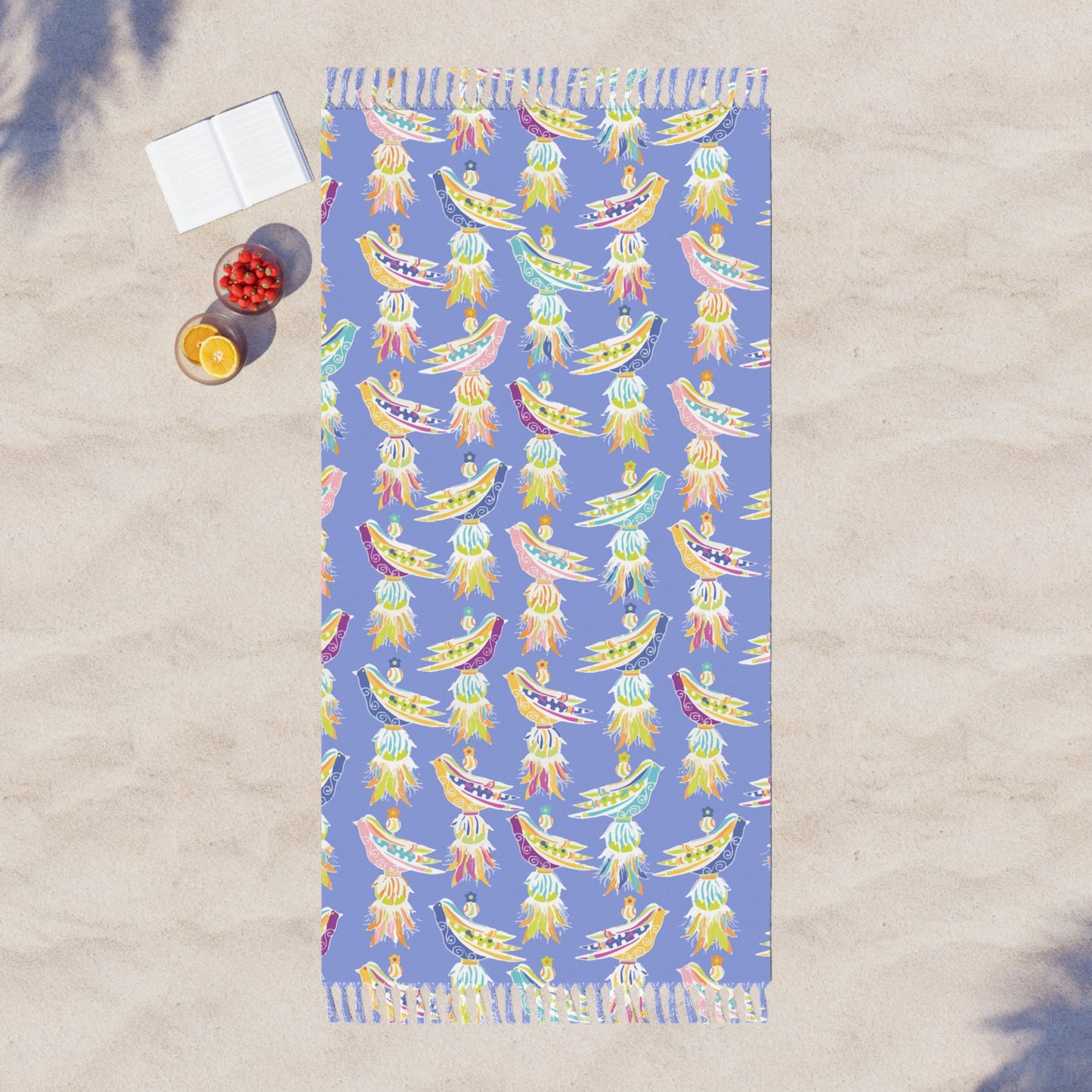 Boho Surf Beach Towel — Pastel Periwinkle with Tassels & Bird Fringe