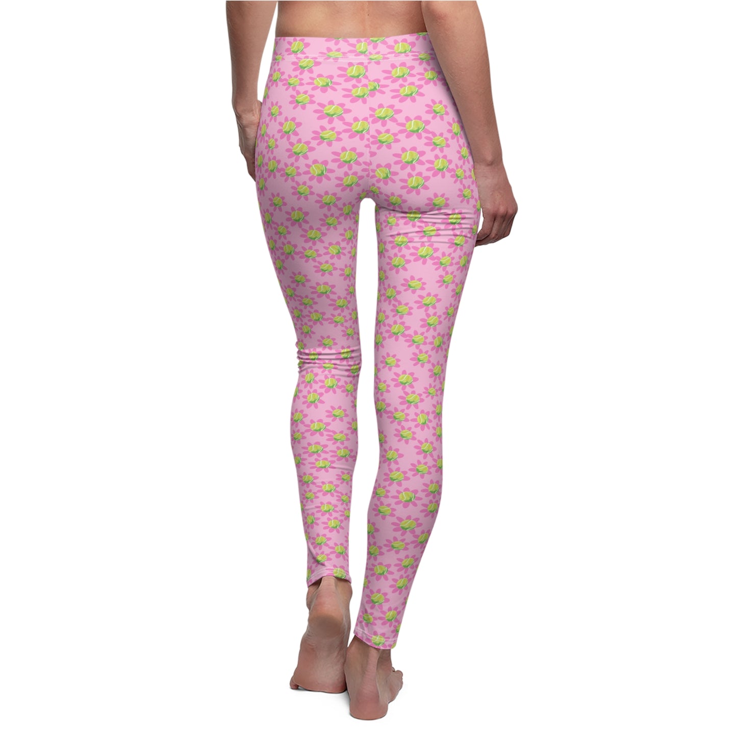 Pink Daisy Tennis Ball Floral Leggings — Women's Casual Spring Flower Print Leggings