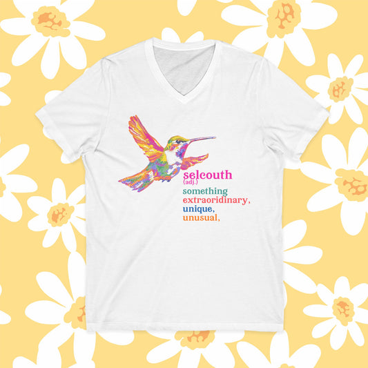 "SELCOUTH" Extraordinary...Unique...Unusual!   Colorful Hummingbird V-Neck Tee