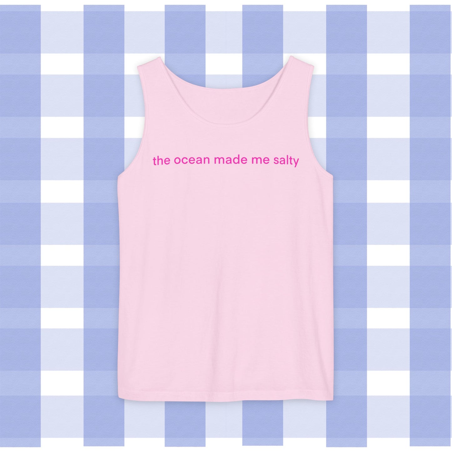 Tank Top — "the ocean made me salty" Pink Text Beach Tank