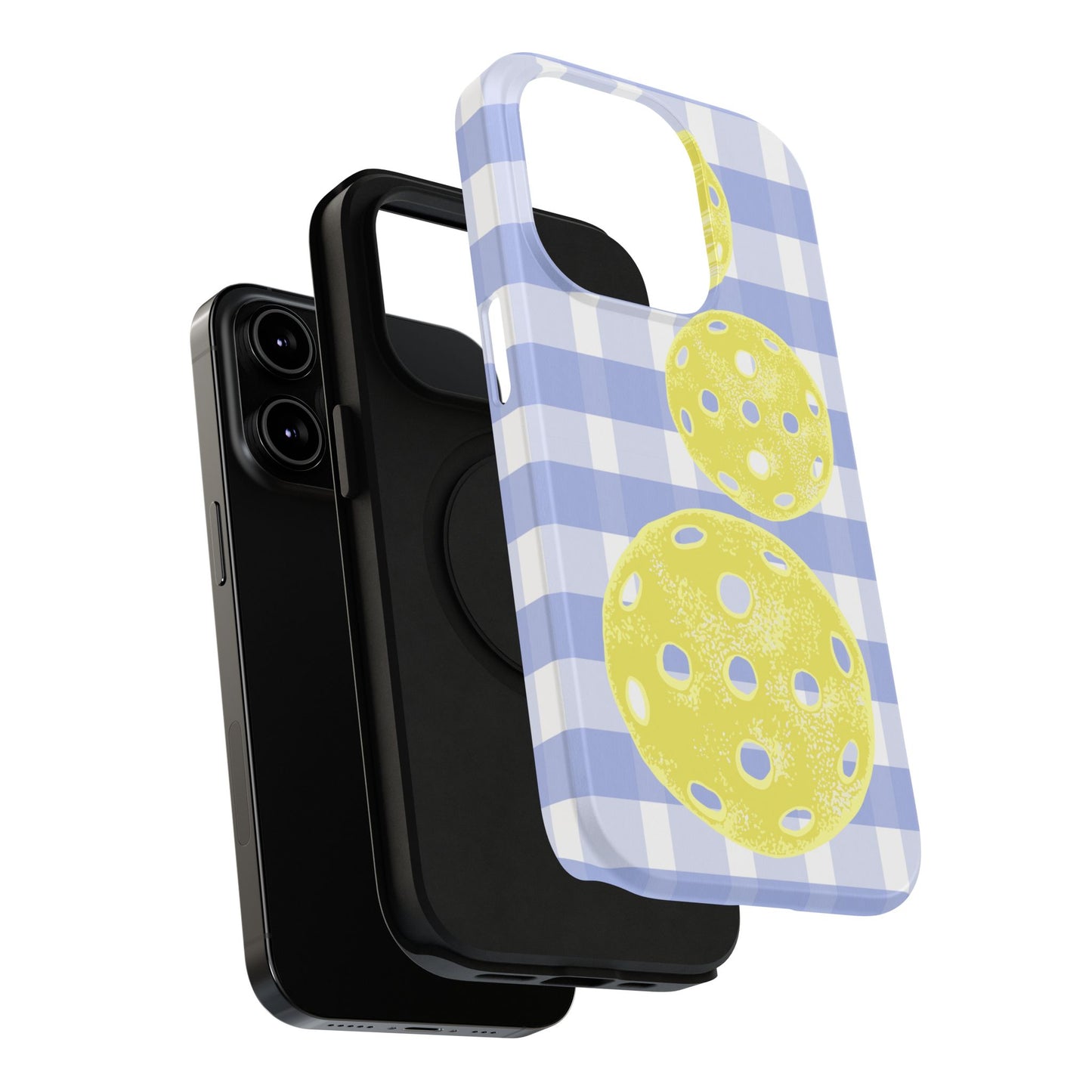 Pickleball Pattern Phone Case — Yellow Pickleball on Blue Gingham Impact Case