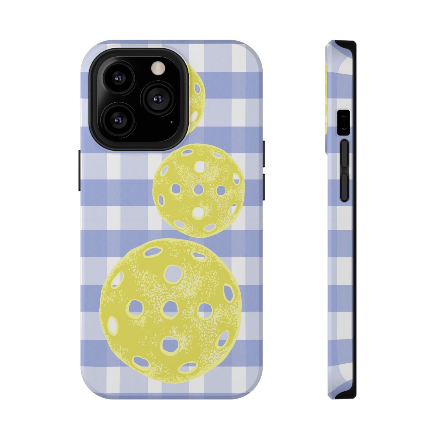Pickleball Pattern Phone Case — Yellow Pickleball on Blue Gingham Impact Case