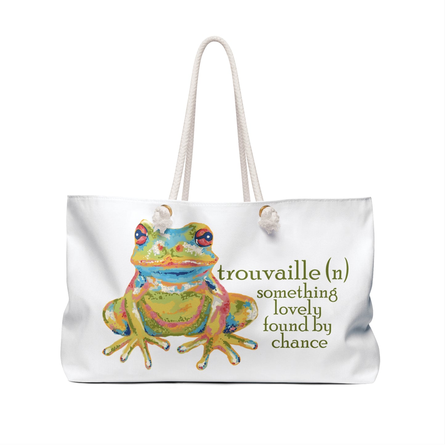 Weekender Bag — 'Trouvaille' Colorful Frog Canvas Travel Tote