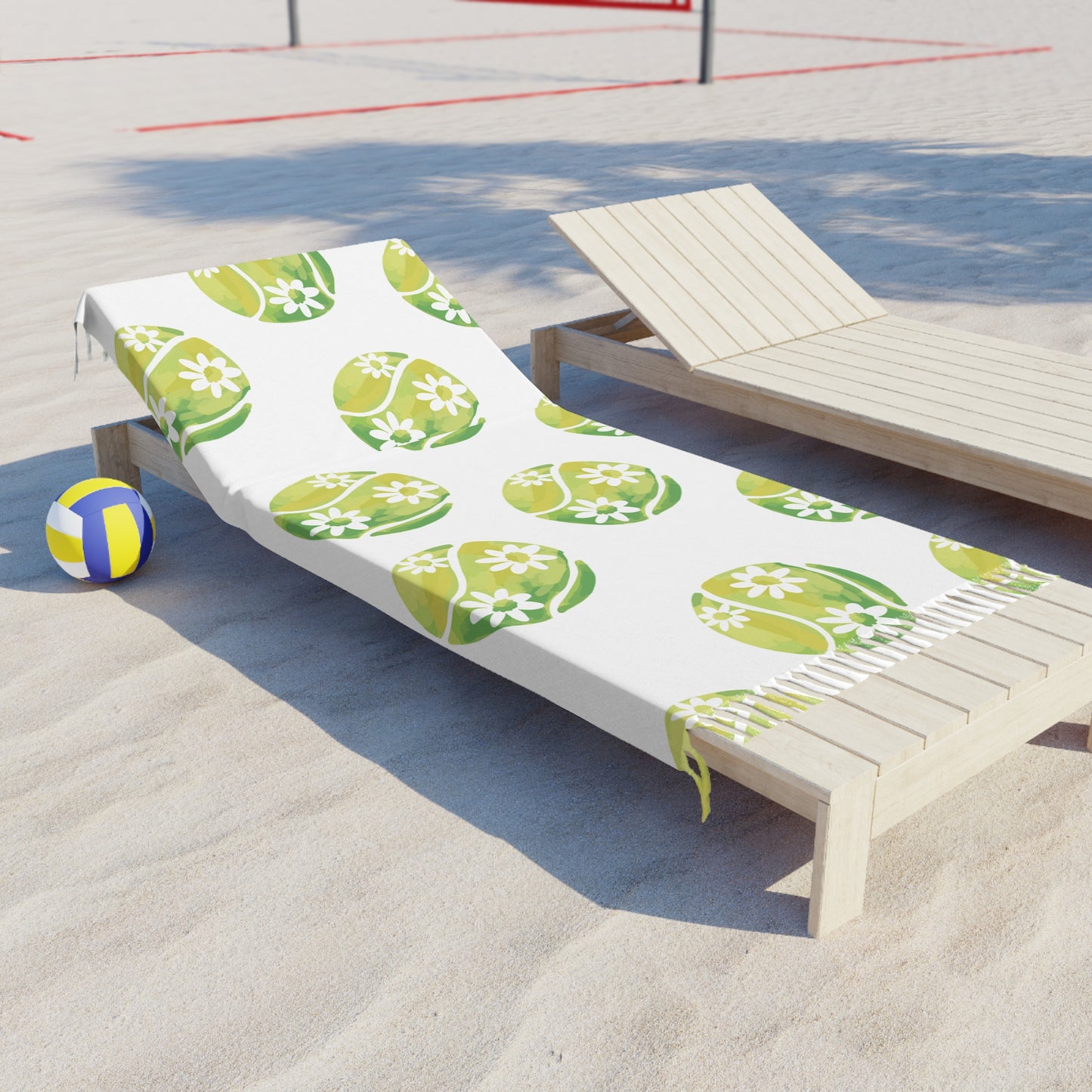 Boho Floral Beach Towel – Green Daisy Tennis Ball Pattern, Lightweight Fringe Turkish Towel