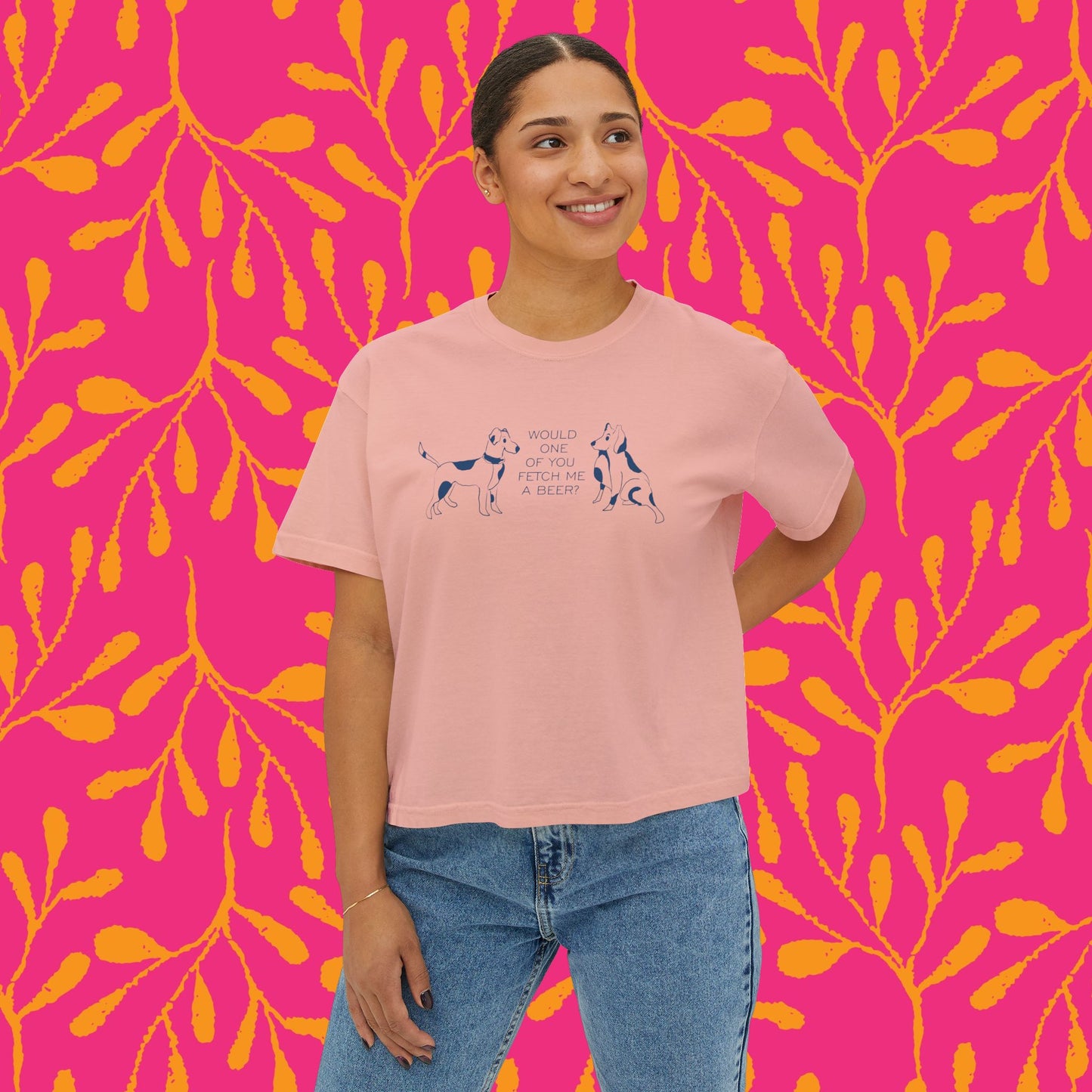 FETCH ME A BEER!  Playful Dog Lover's Boxy Tee, Cute Dog Graphic T-Shirt, Women's Casual Shirt, Gift for Pet Owners, Animal Lover's Apparel